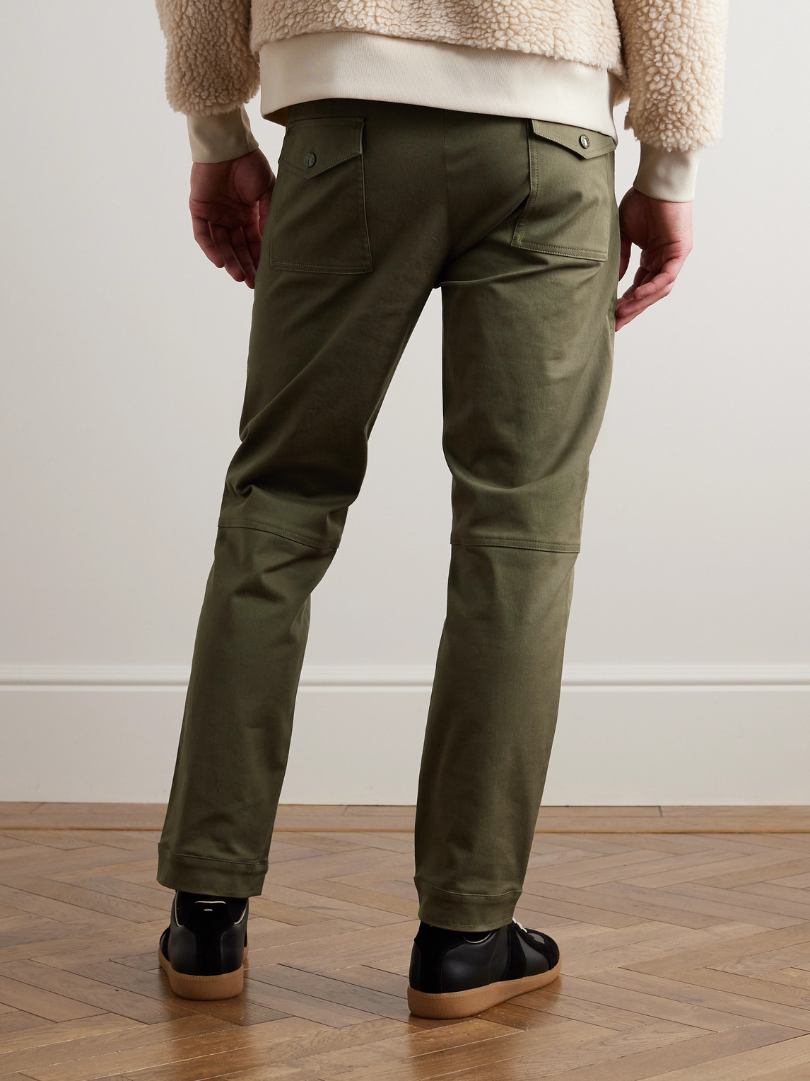 Shop Moncler Slim-fit Straight-leg Cotton-blend Twill Trousers In Green