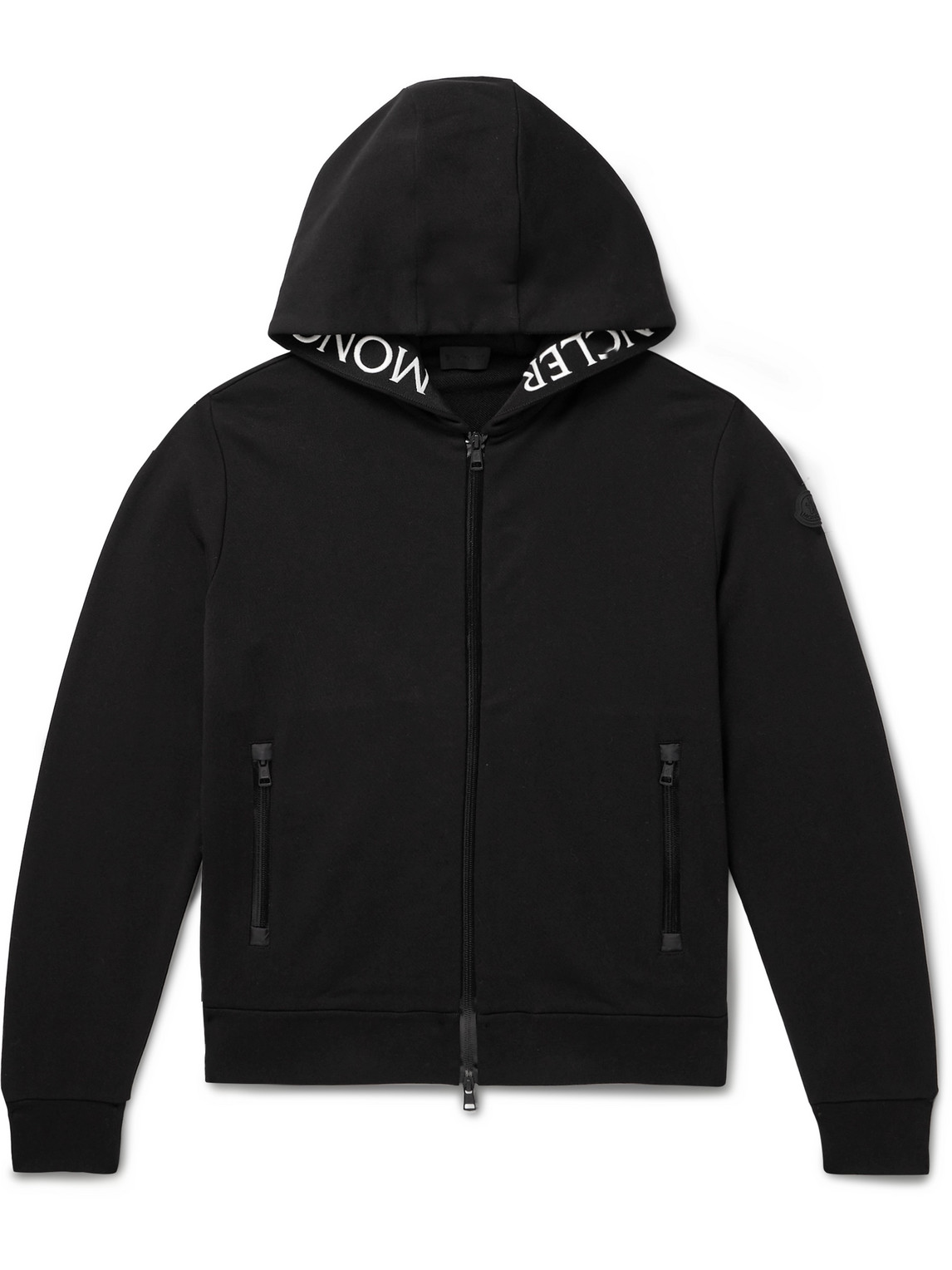 Shop Moncler Logo-embroidered Cotton-jersey Zip-up Hoodie In Black