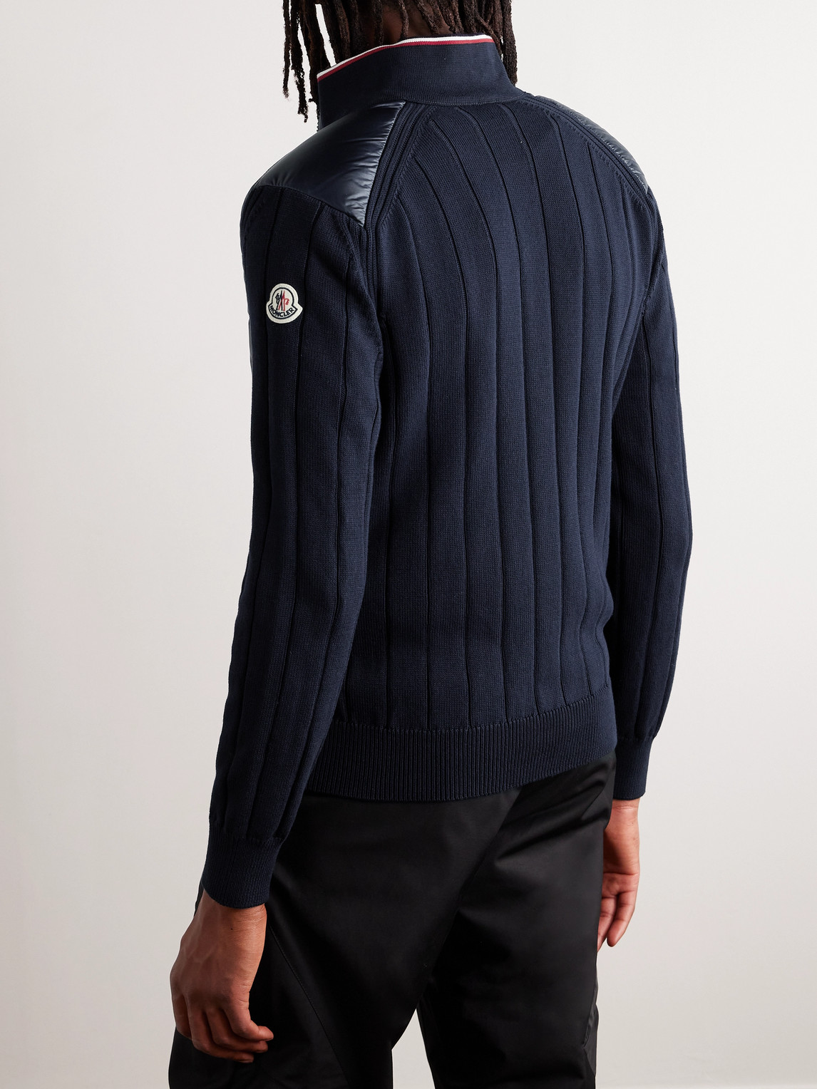 Shop Moncler Logo-appliquéd Ribbed Cotton And Quilted Shell Down Cardigan In Blue