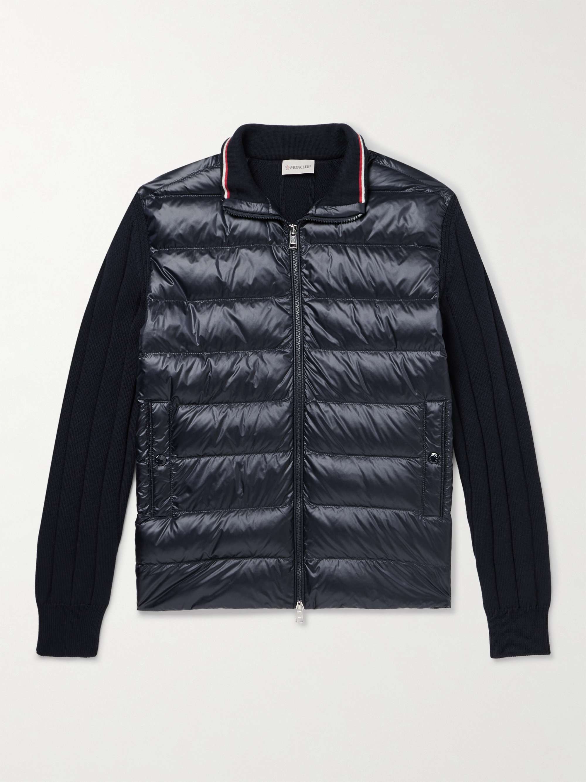 MONCLER Logo-Appliquéd Ribbed Cotton and Quilted Shell Down Cardigan ...