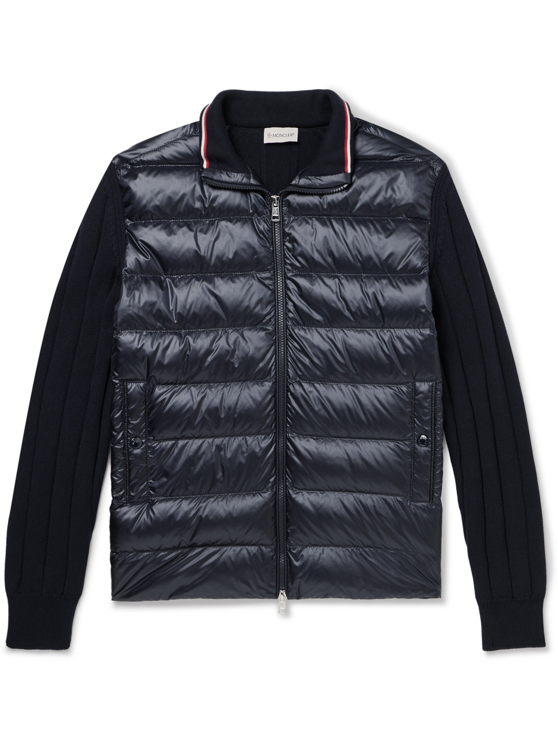 Moncler Logo-appliquéd Ribbed Cotton And Quilted Shell Down Cardigan In Blue