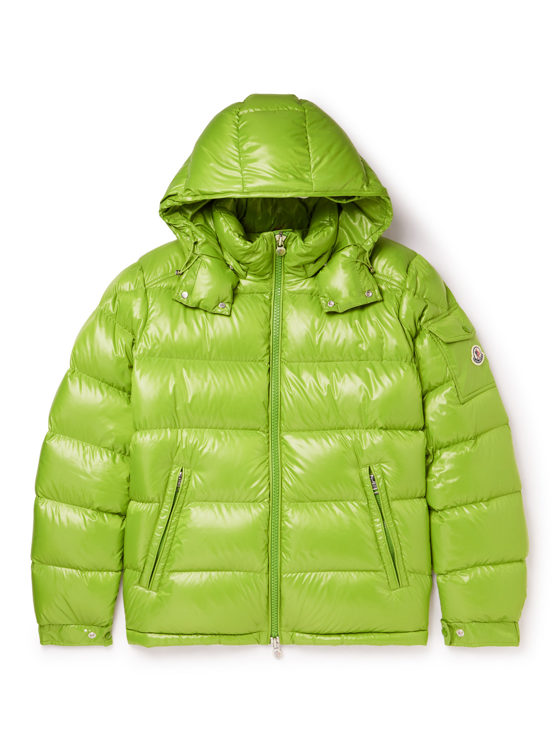 Maya Logo-Appliquéd Quilted Glossed-Shell Hooded Down Jacket