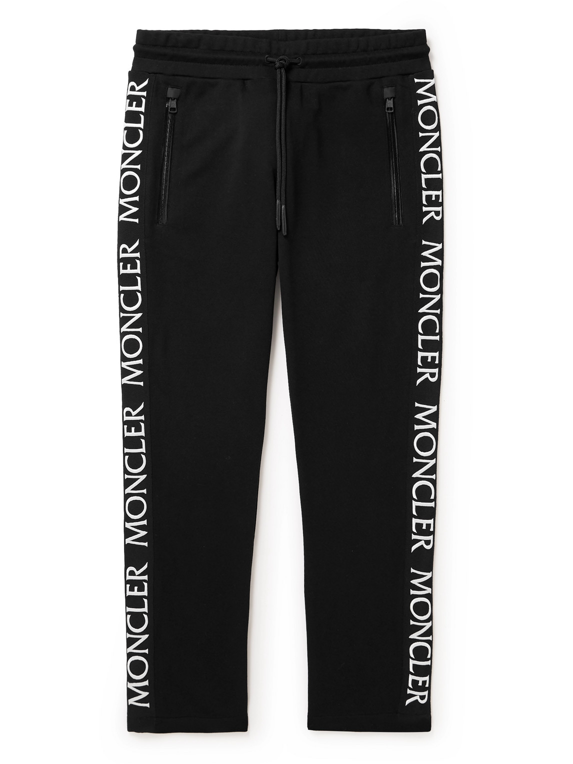 Moncler Webbing-trimmed Cotton-jersey Tapered Sweatpants In Black