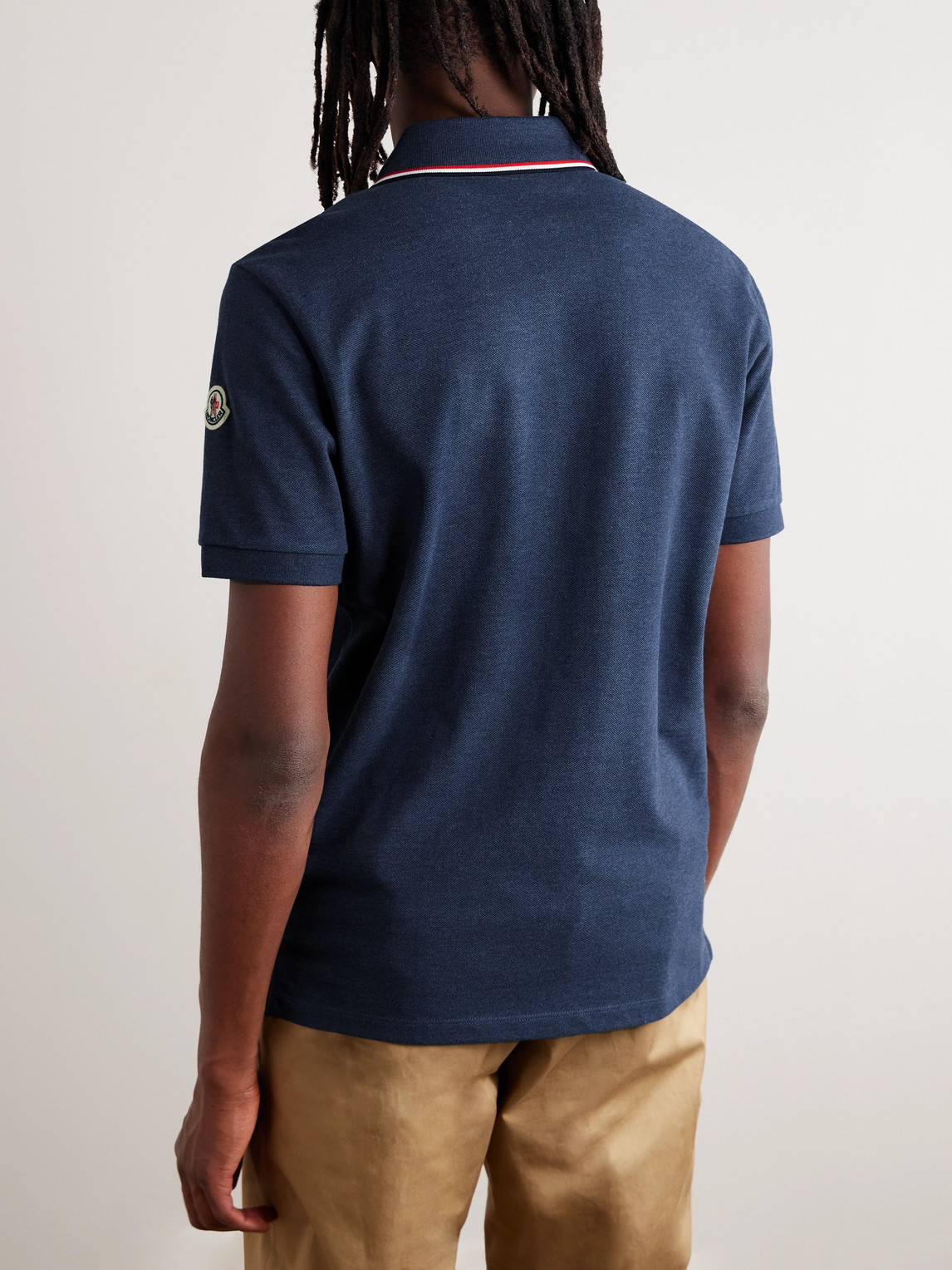 Moncler Logo-embossed Contrast-tipped Cotton-piqué Polo Shirt In Blue