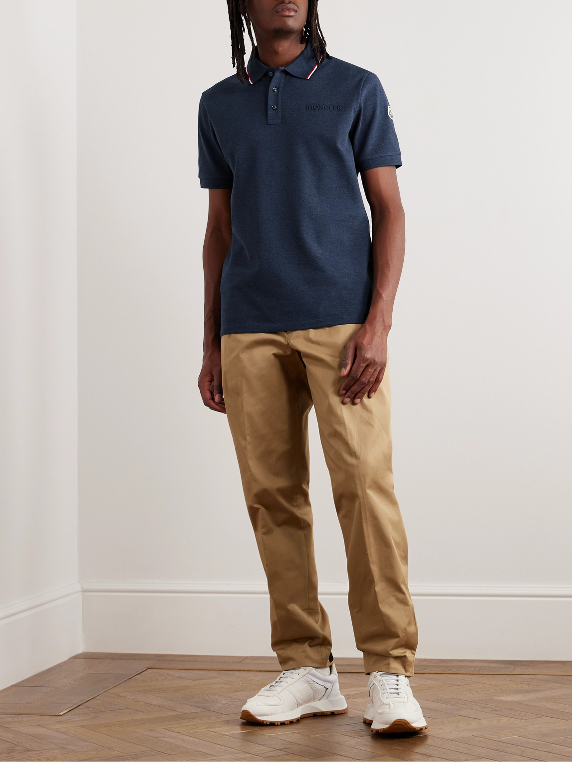 Moncler Logo-embossed Contrast-tipped Cotton-piqué Polo Shirt In Blue