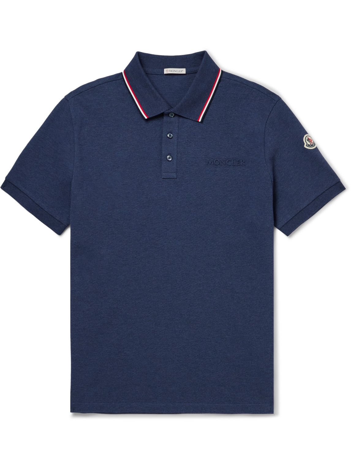 Moncler Logo-embossed Contrast-tipped Cotton-piqué Polo Shirt In Blue