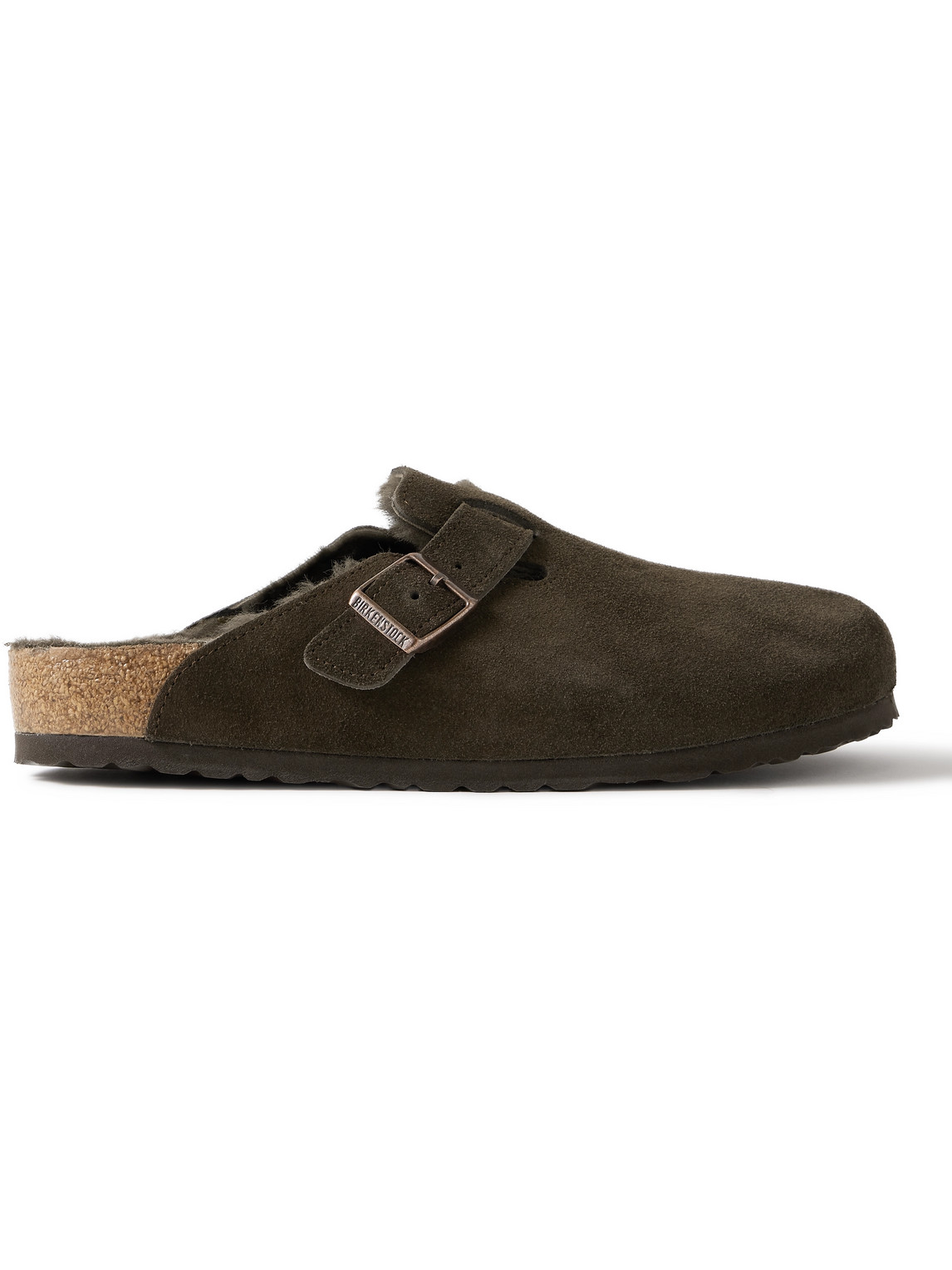 Birkenstock Boston Shearling-trimmed Suede Slippers In Black