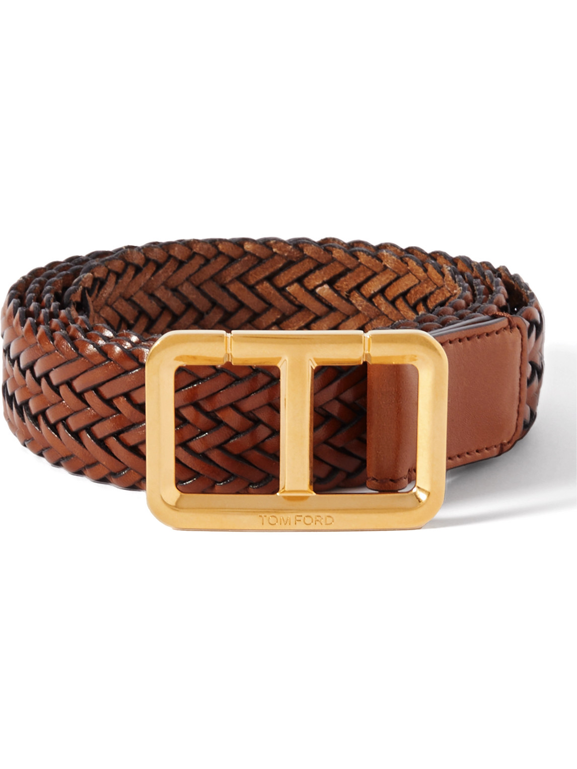 Tom Ford Men's T-buckle Woven Leather Belt In Brown