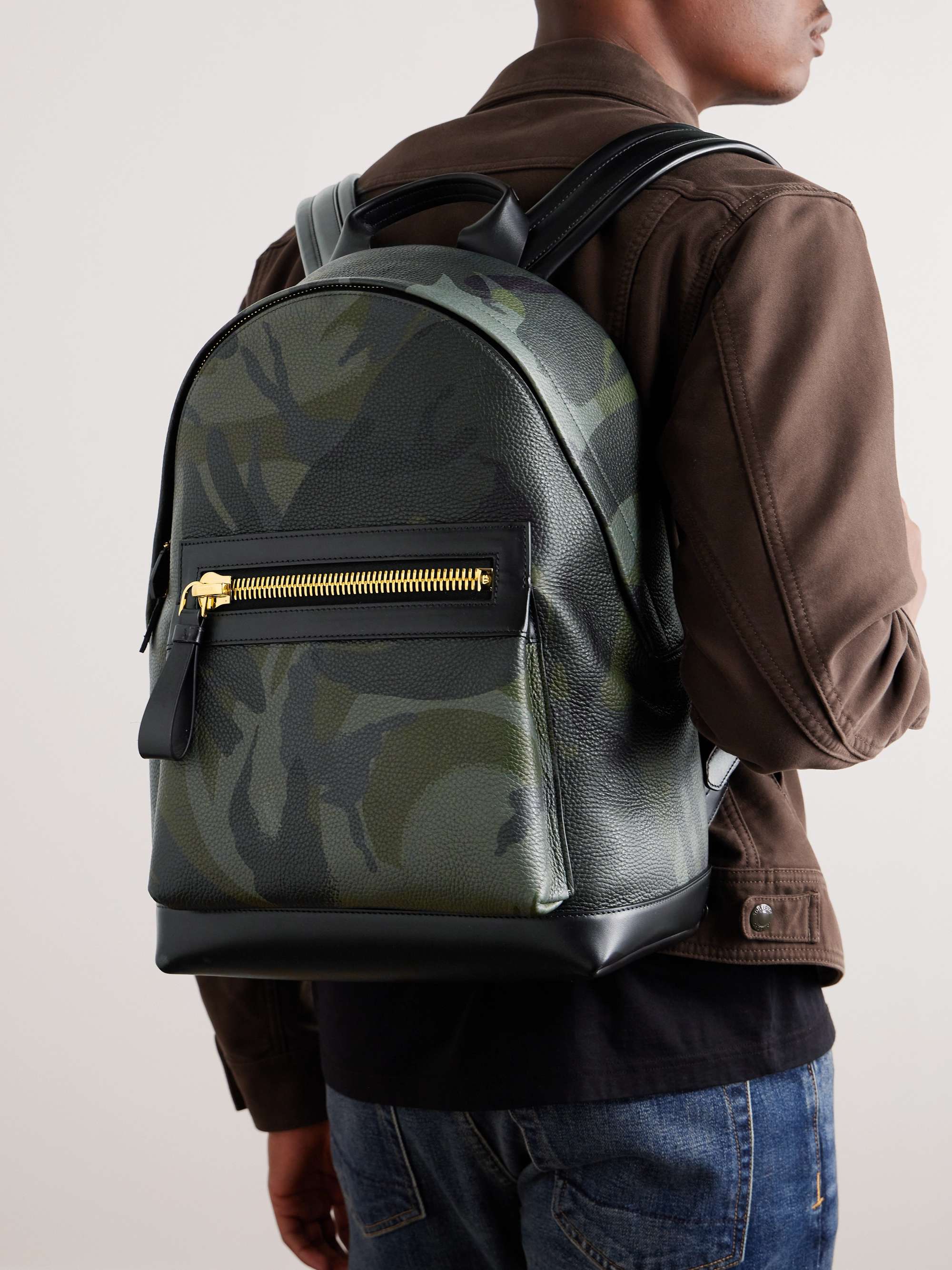 Camouflage-Print Full-Grain Leather Backpack