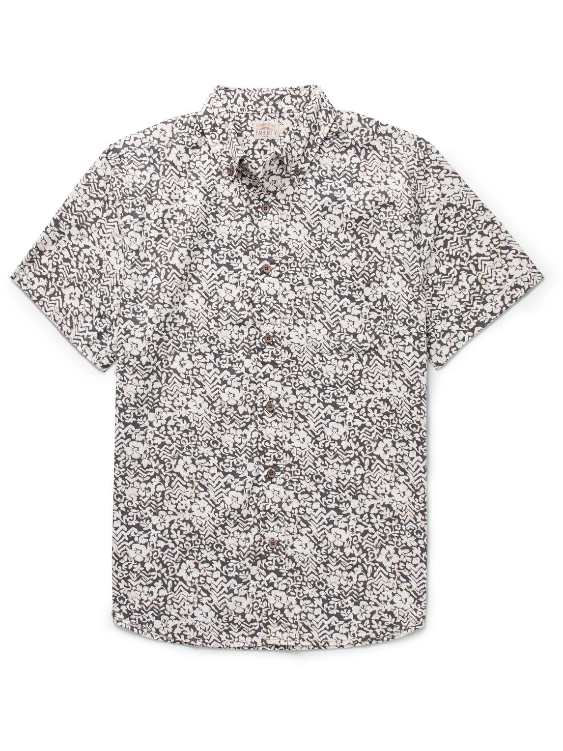 Faherty Playa Button-down Collar Floral-print Organic Cotton-blend Shirt In Black
