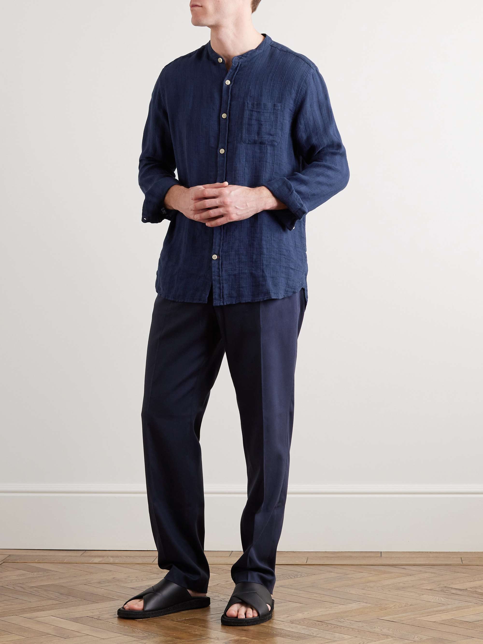 OLIVER SPENCER Grandad-Collar Striped Linen Shirt for Men | MR PORTER