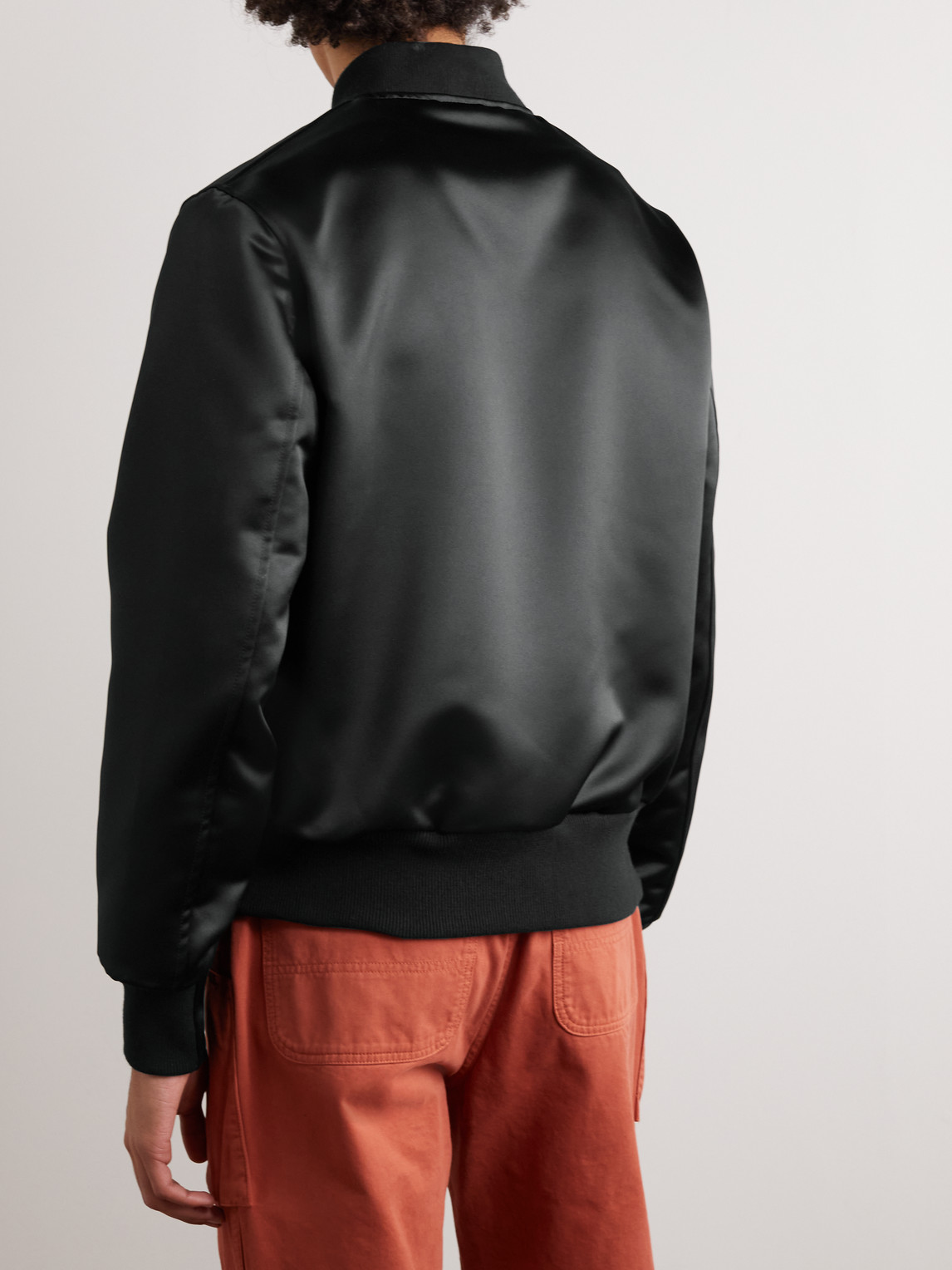 Shop Golden Bear Sukajan Leather-trimmed Satin Bomber Jacket In Black