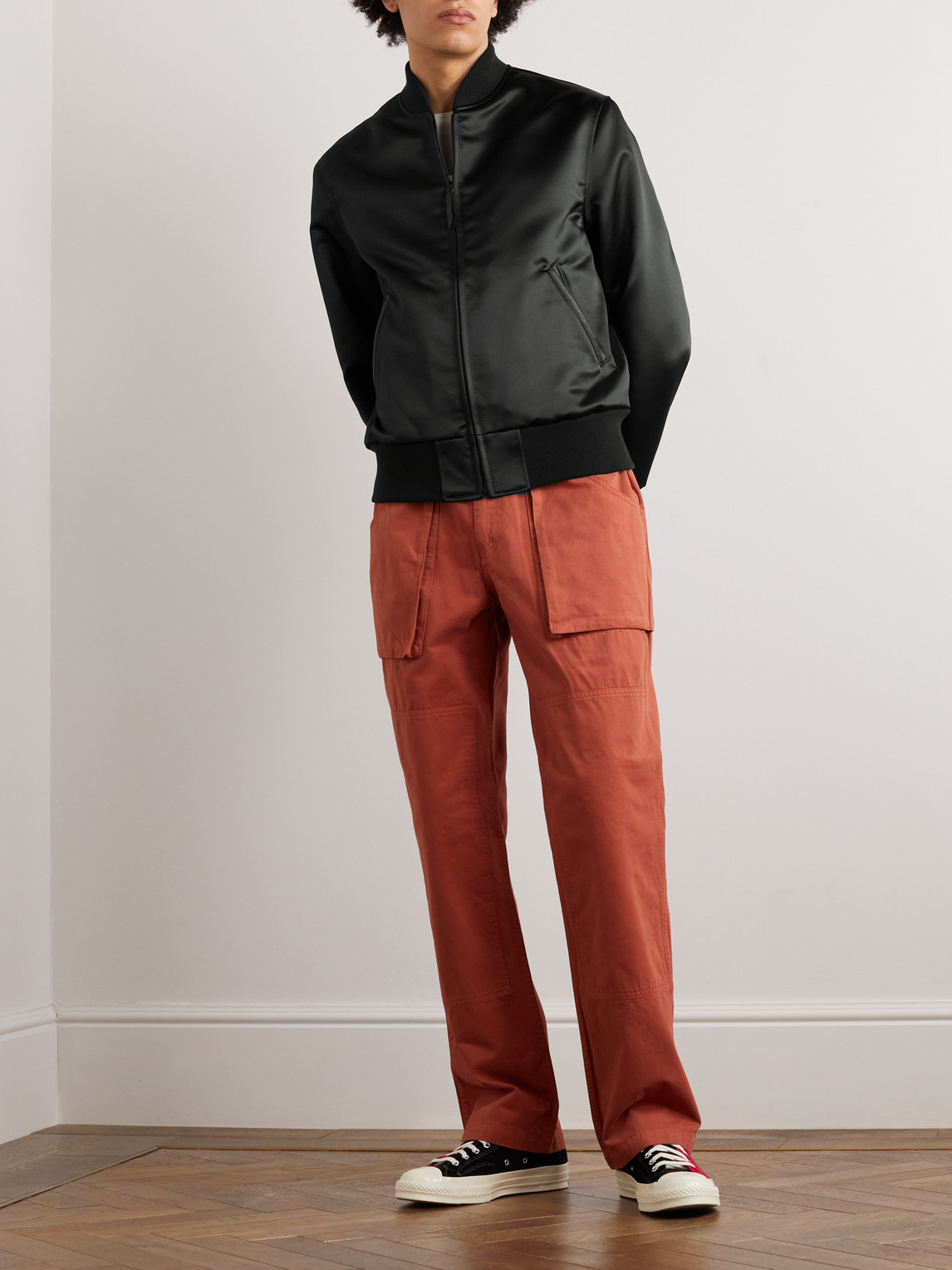 GOLDEN BEAR SUKAJAN LEATHER-TRIMMED SATIN BOMBER JACKET