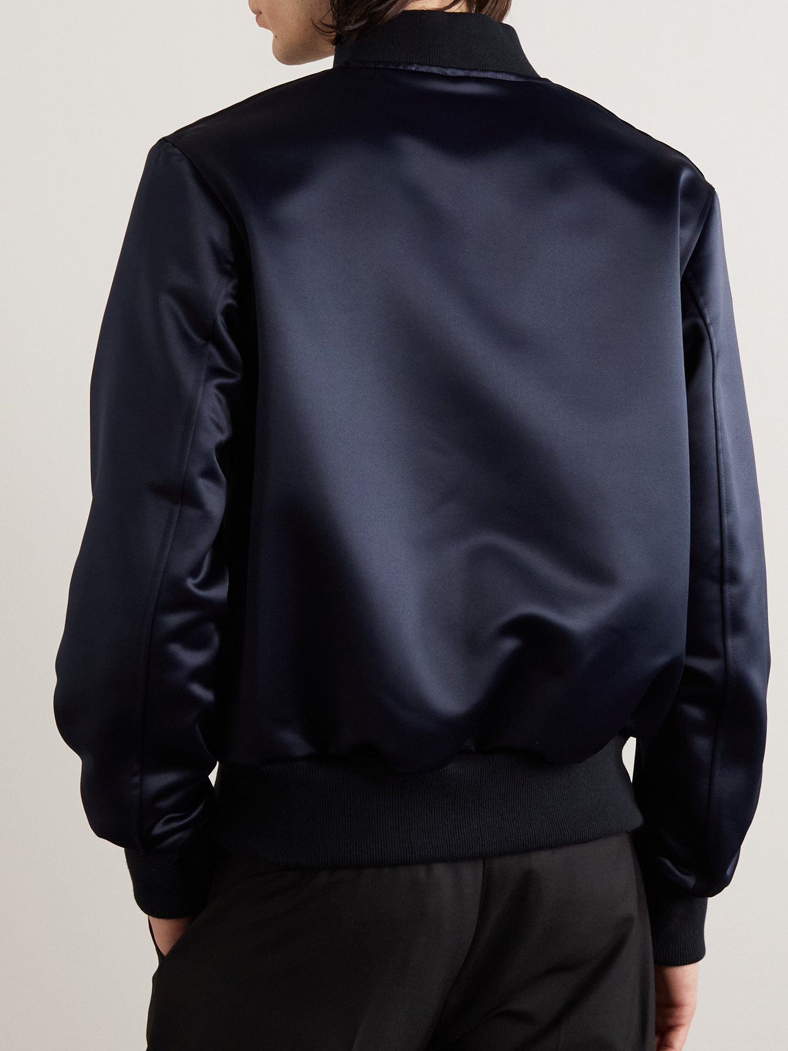 Shop Golden Bear Sukajan Leather-trimmed Satin Bomber Jacket In Blue