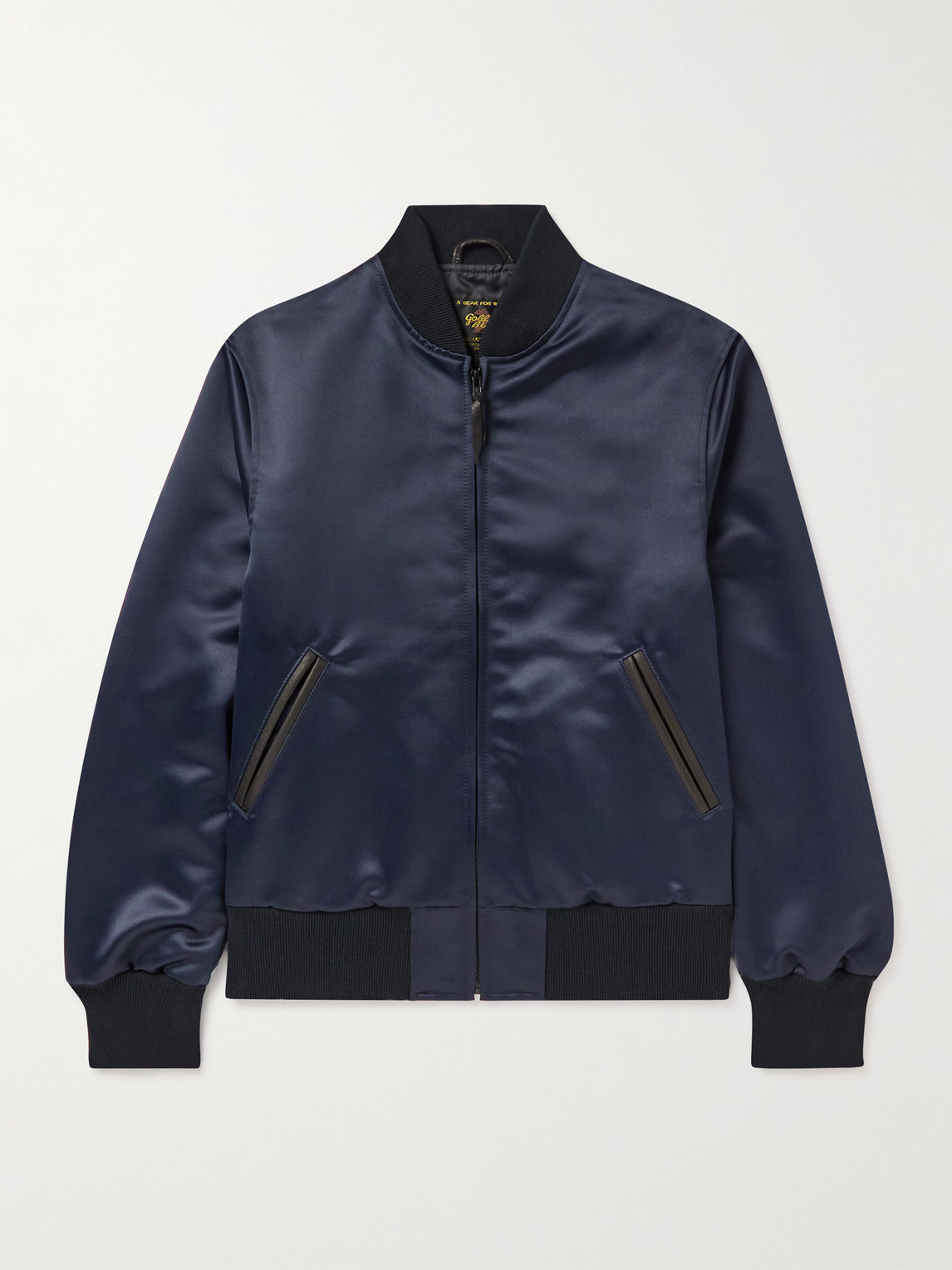 Golden Bear Sukajan Leather-trimmed Satin Bomber Jacket In Blue