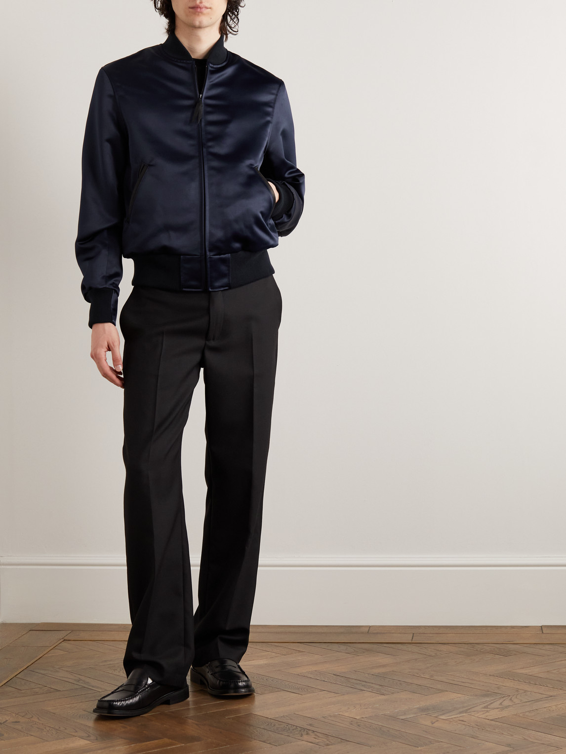 GOLDEN BEAR SUKAJAN LEATHER-TRIMMED SATIN BOMBER JACKET