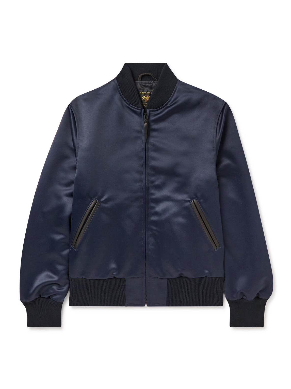 Golden Bear Sukajan Leather-trimmed Satin Bomber Jacket In Blue