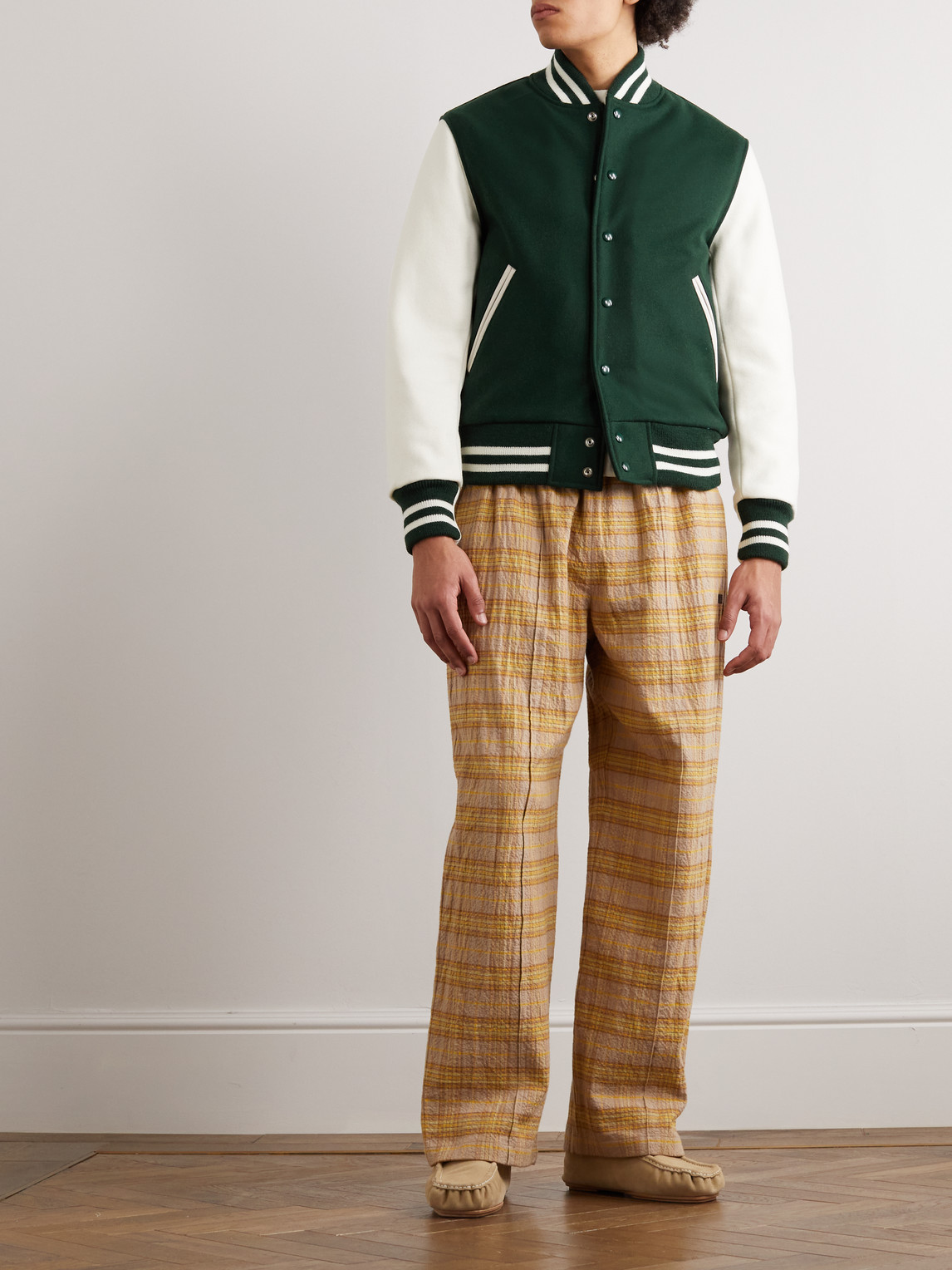 Shop Golden Bear The Portola Leather-trimmed Wool-blend Varsity Jacket In Green