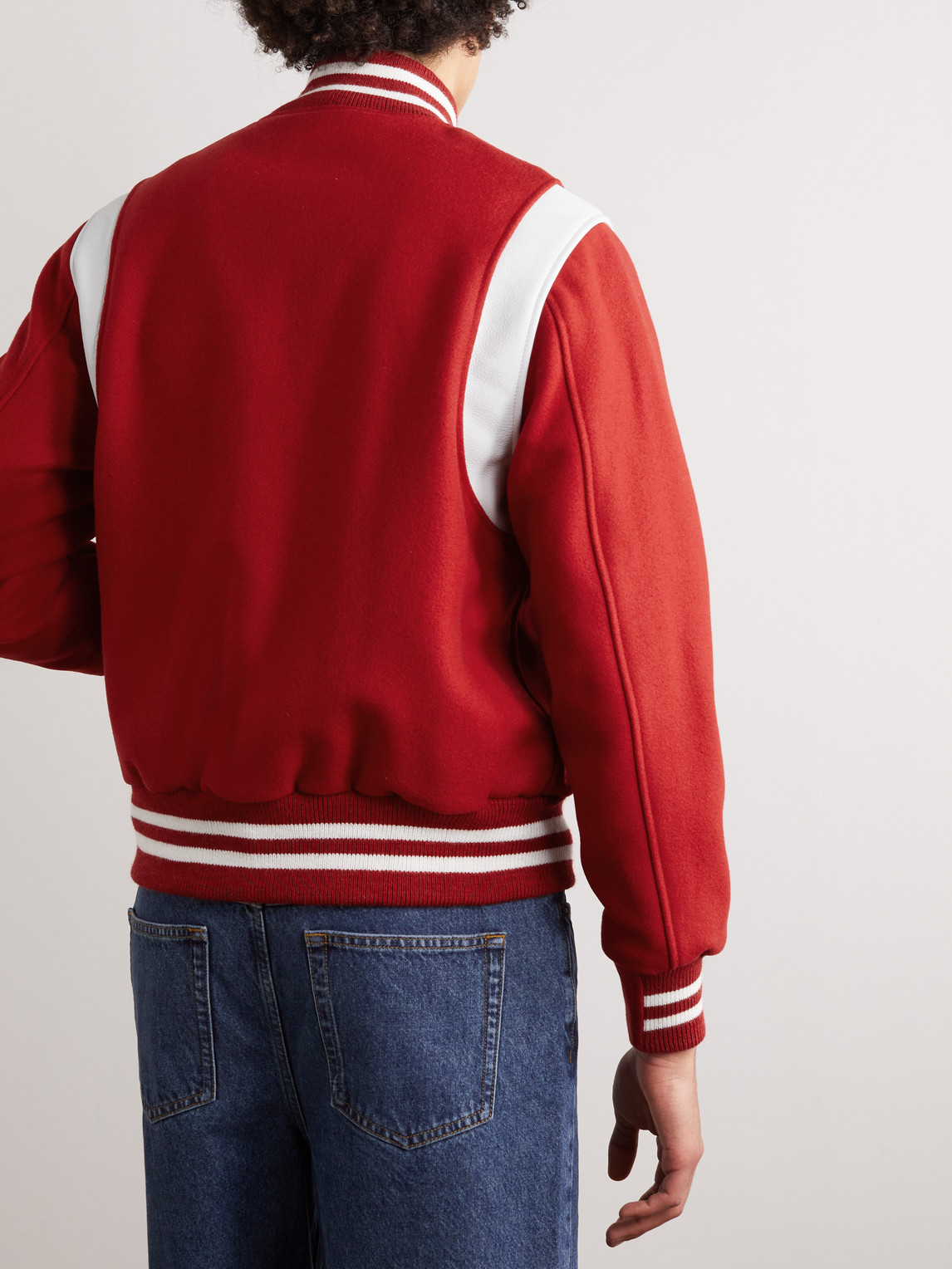 Shop Golden Bear The Hayes Leather-trimmed Wool-blend Varsity Jacket In Red