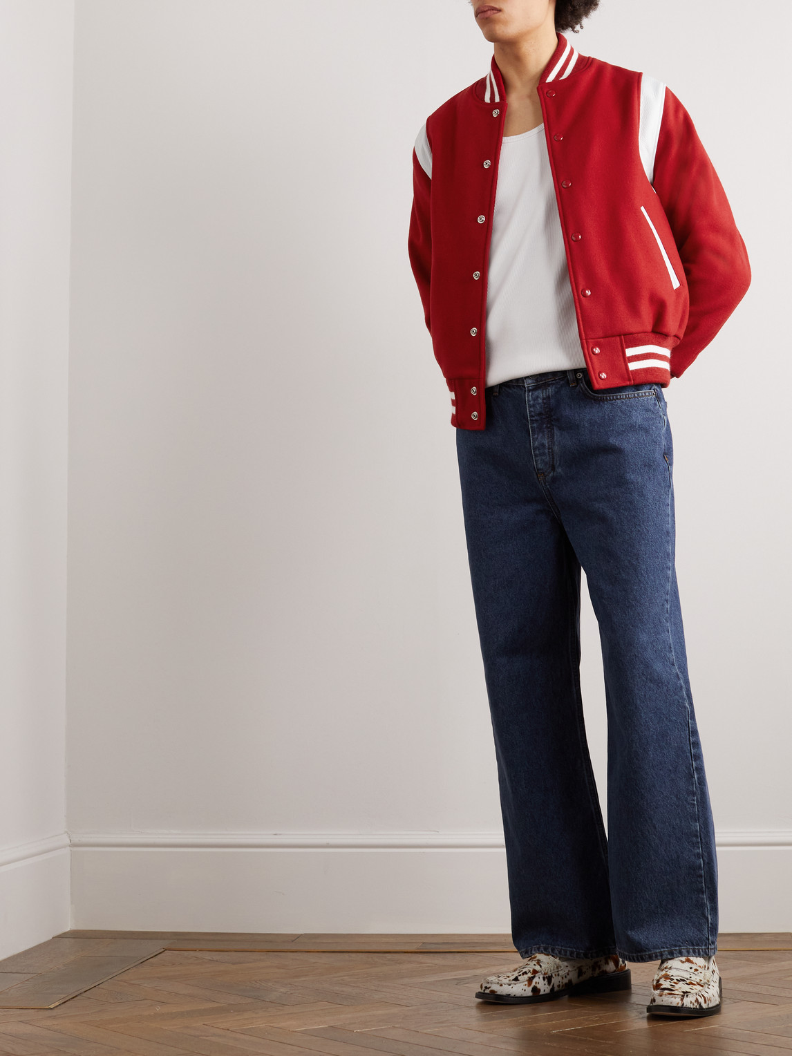 Shop Golden Bear The Hayes Leather-trimmed Wool-blend Varsity Jacket In Red