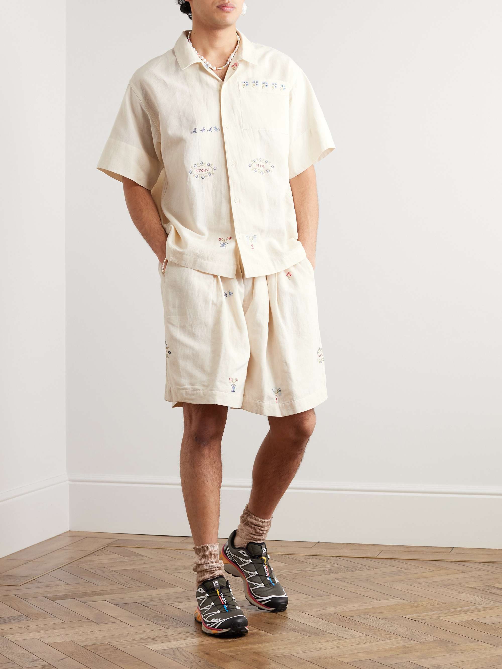 STORY MFG. Camp-Collar Embroiderd Cotton and Linen-Blend Shirt for