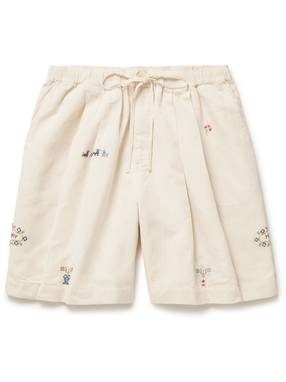 Bridge Wide-Leg Embroidered Cotton and Linen-Blend Drawstring Shorts