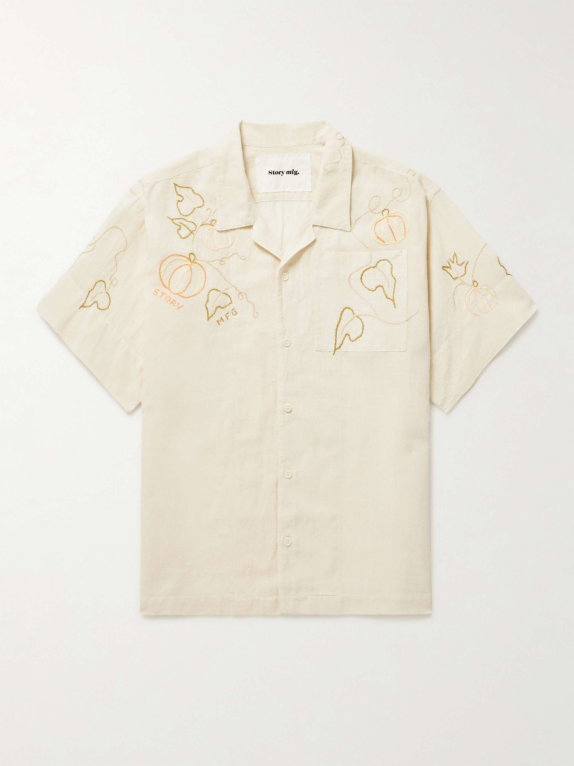 Camp-Collar Embroidered Cotton and Linen-Blend Shirt