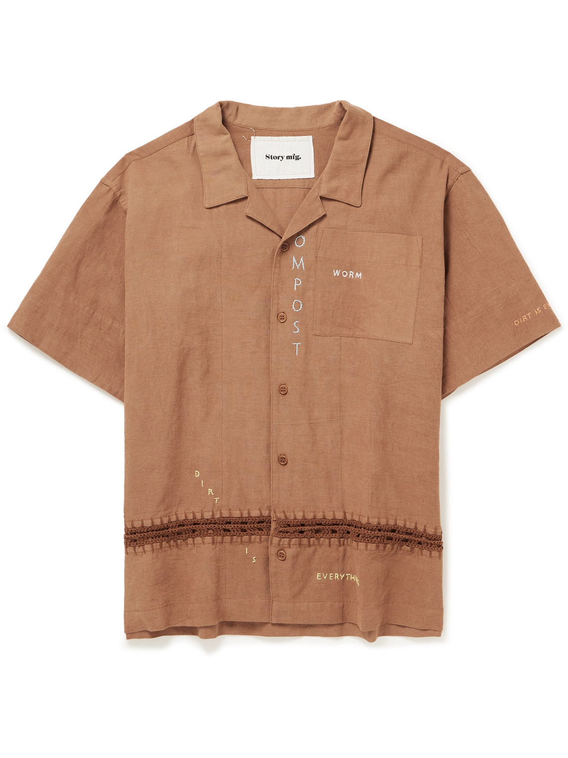 STORY MFG. CAMP-COLLAR CROCHET-TRIMMED EMBROIDERED COTTON AND LINEN-BLEND SHIRT