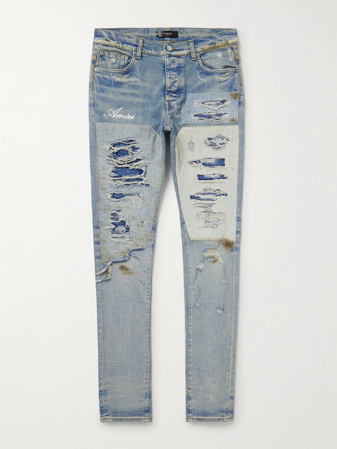 AMIRI SKINNY-FIT LOGO-EMBROIDERED DISTRESSED PATCHWORK JEANS