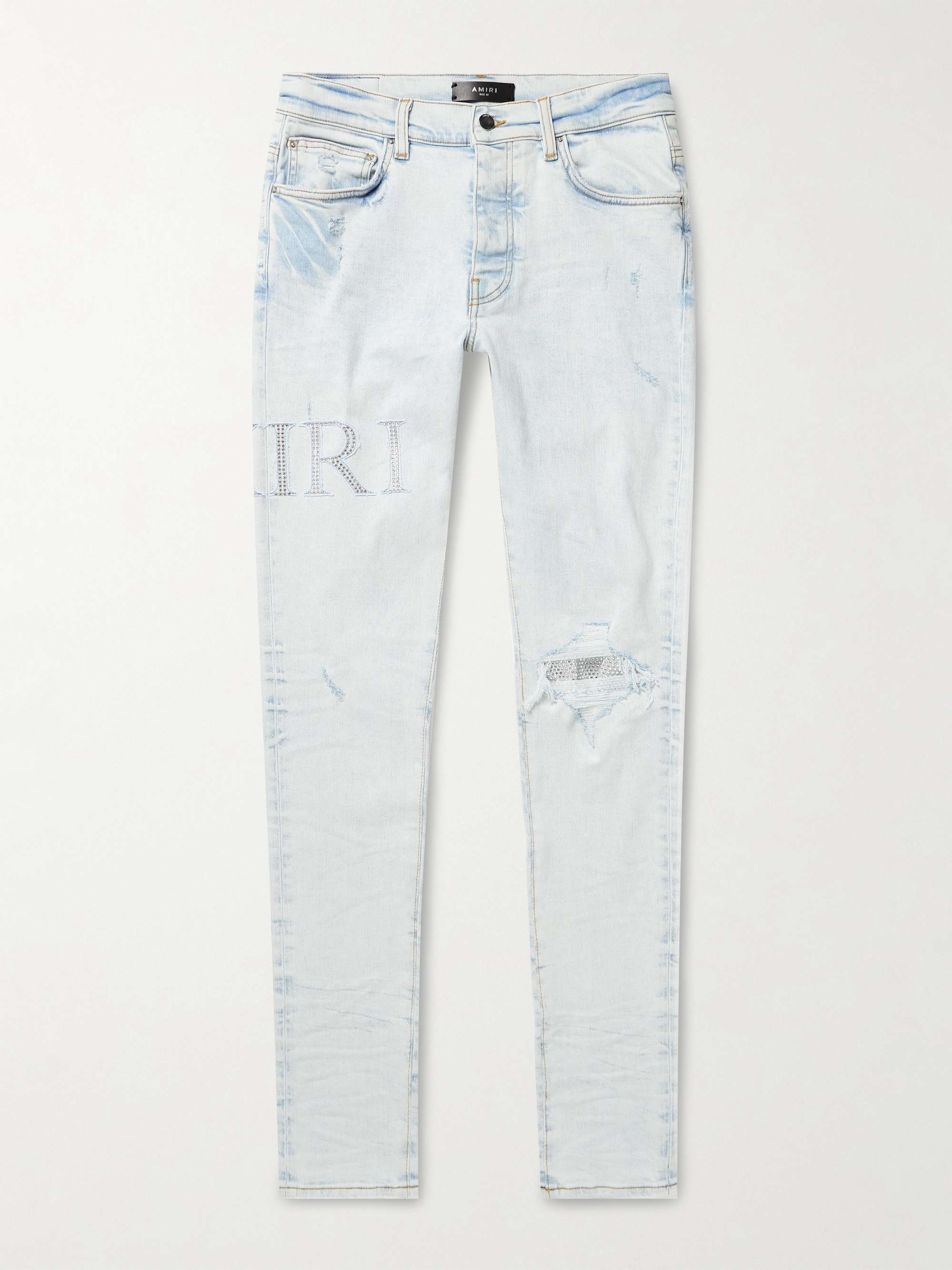 Skinny Fit Logo Appliqu d Crystal Embellished Distressed Jeans