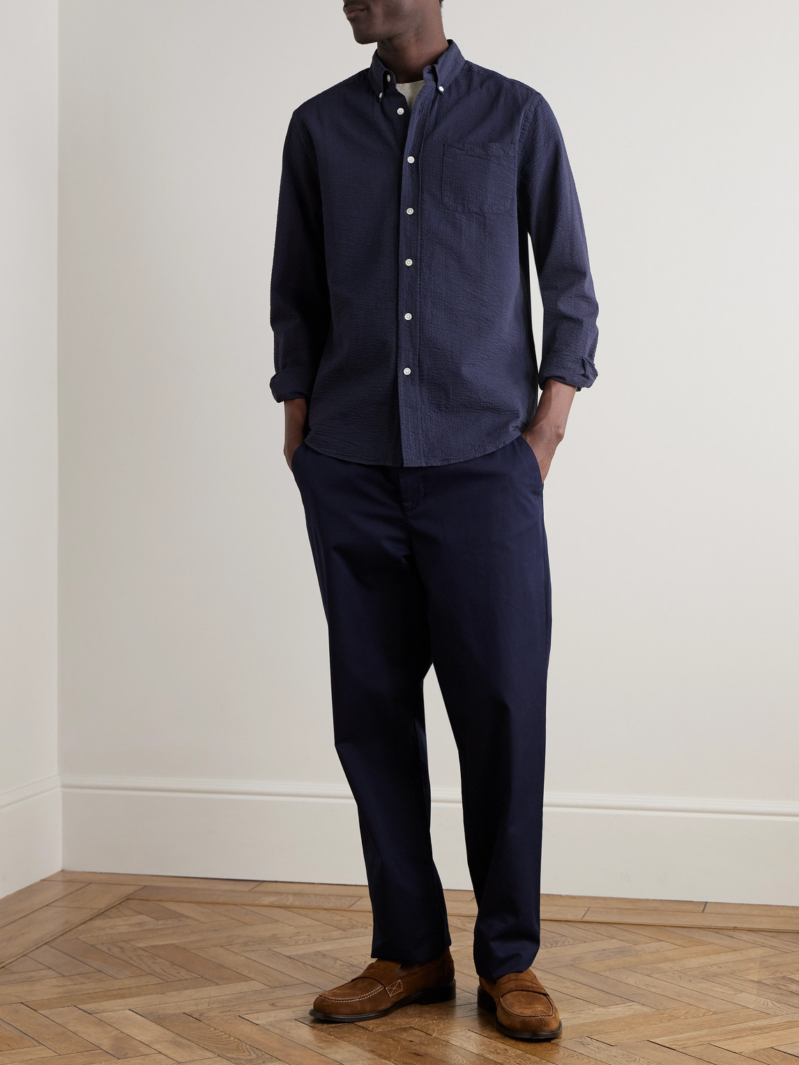 Shop Portuguese Flannel Atlantico Slim-fit Button-down Collar Cotton-seersucker Shirt In Blue