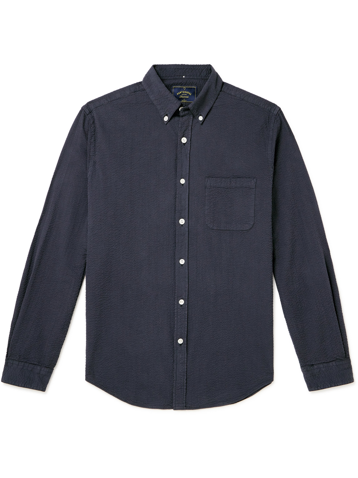 Portuguese Flannel Atlantico Slim-fit Button-down Collar Cotton-seersucker Shirt In Blue