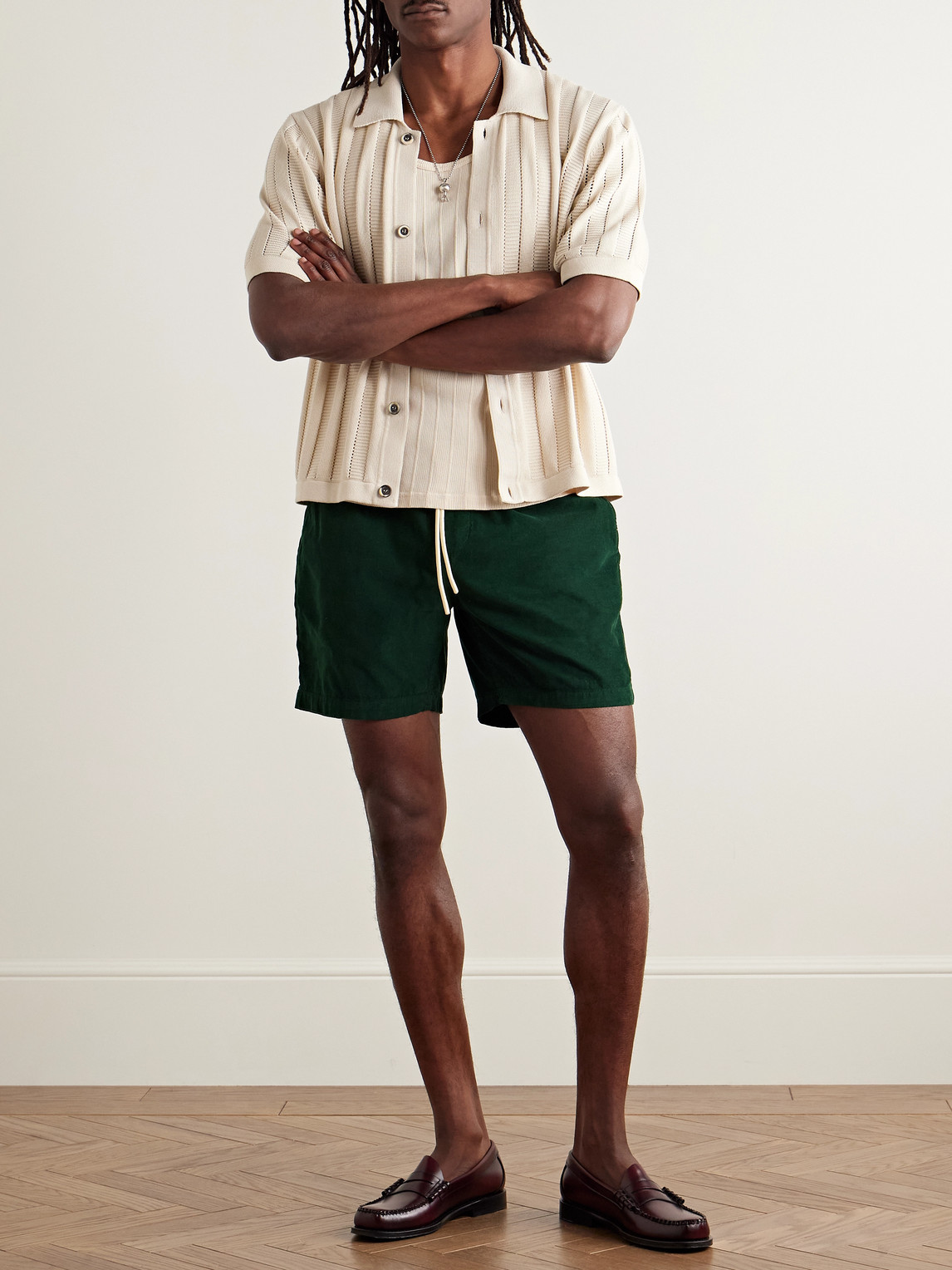 Shop Portuguese Flannel Straight-leg Cotton-corduroy Drawstring Shorts In Green