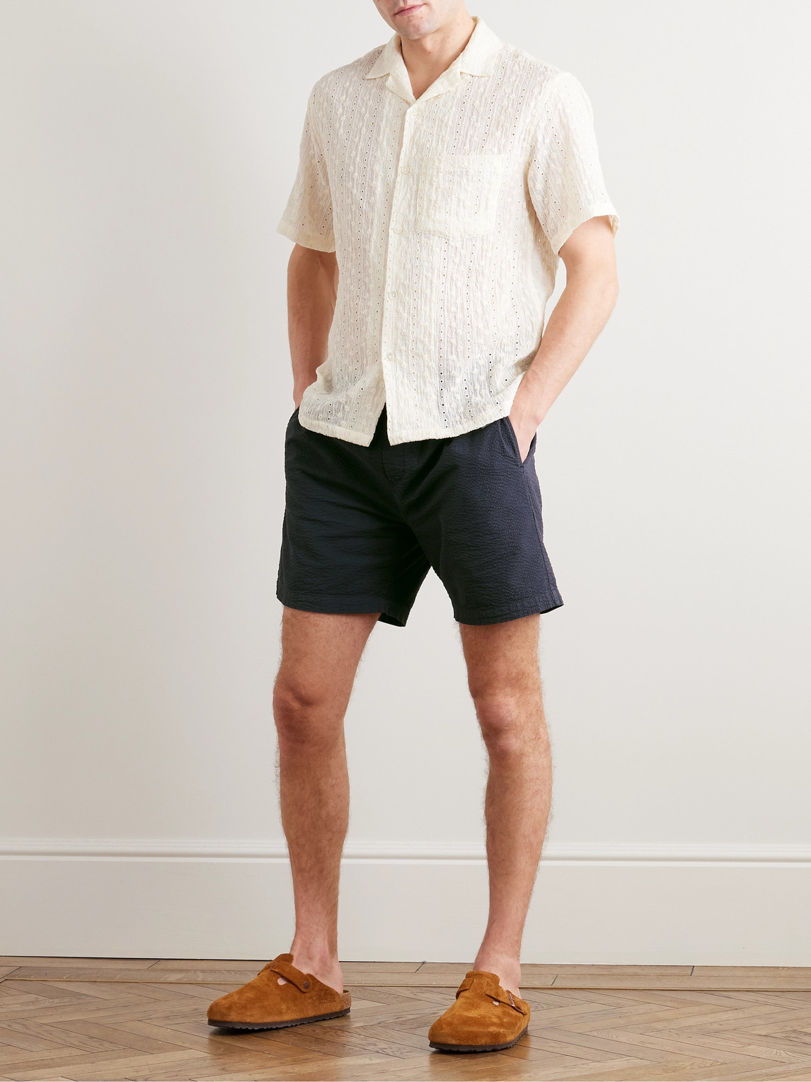 Shop Portuguese Flannel Atlantico Straight-leg Cotton-seersucker Drawstring Shorts In Blue