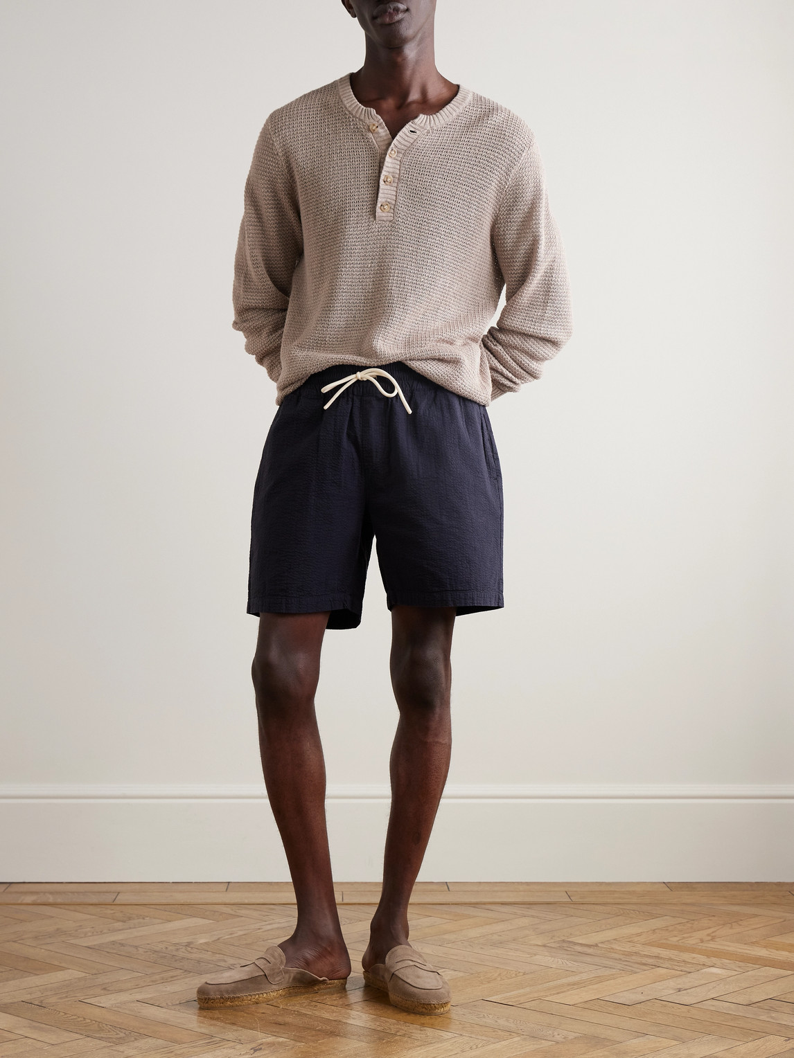 Shop Portuguese Flannel Atlantico Straight-leg Cotton-seersucker Drawstring Shorts In Blue