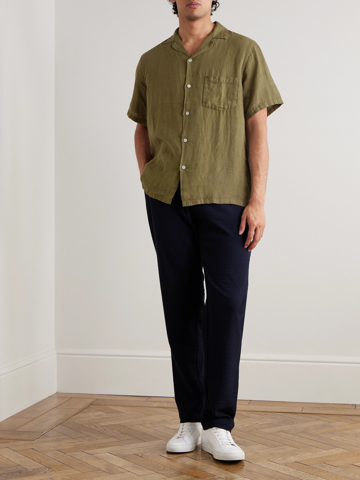 Shop Portuguese Flannel Camp-collar Linen Shirt In Green