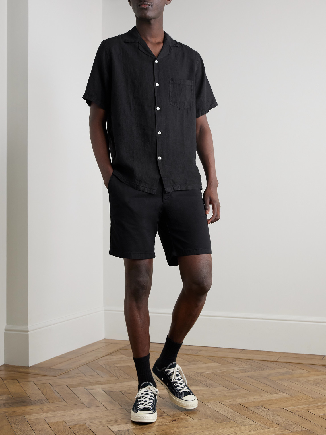 Shop Portuguese Flannel Camp-collar Linen Shirt In Black