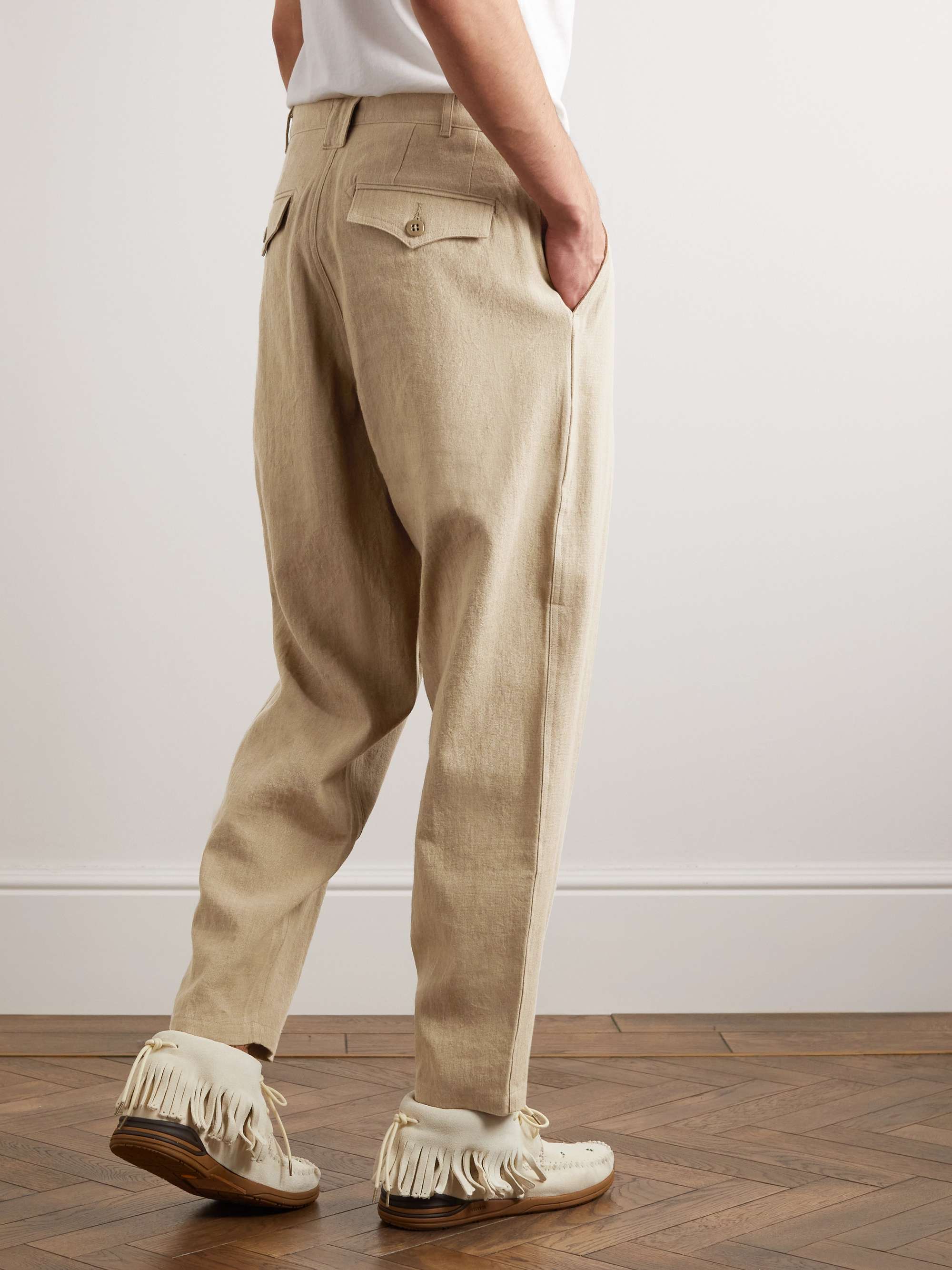 MONITALY Riding Tapered Pleated Linen and Cotton-Blend Trousers