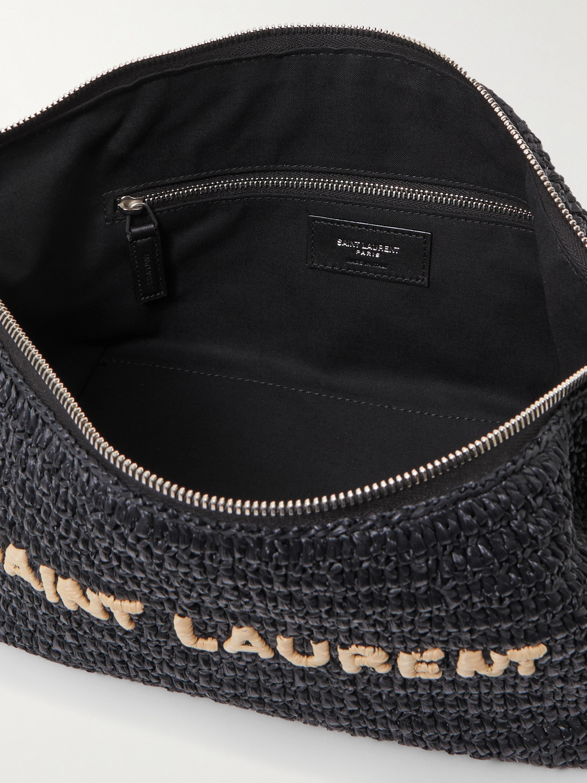 Shop Saint Laurent Logo-embroidered Raffia Messenger Bag In Black
