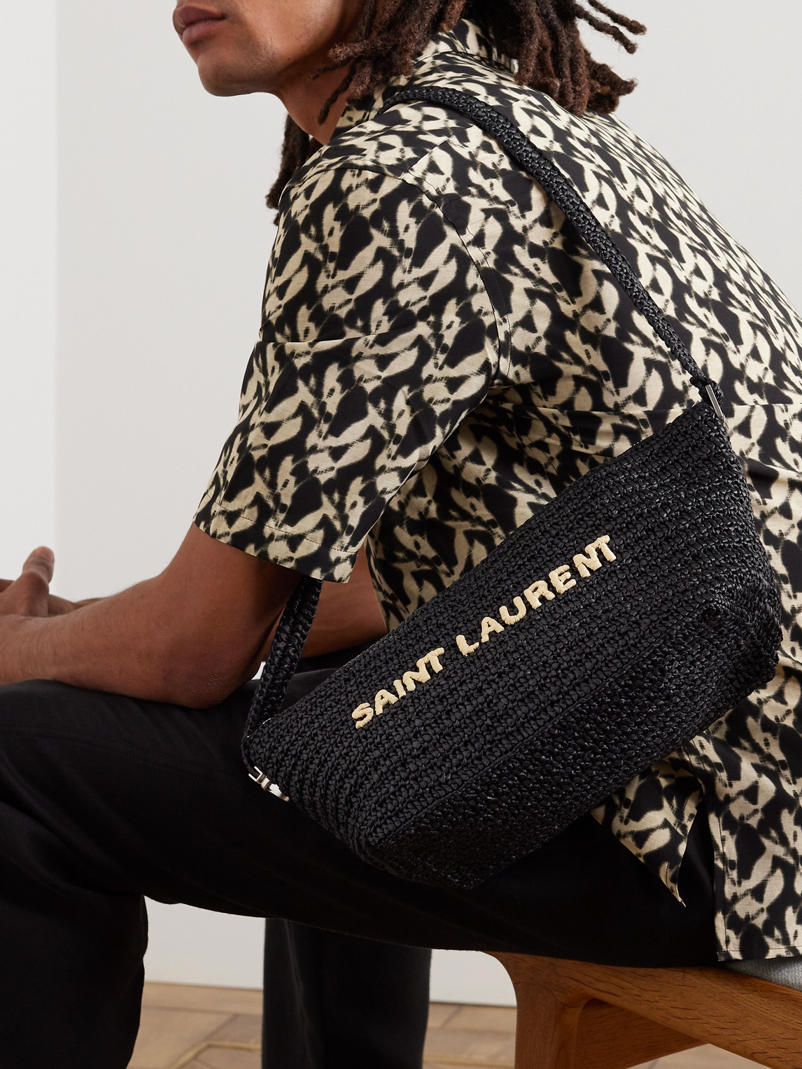 Shop Saint Laurent Logo-embroidered Raffia Messenger Bag In Black