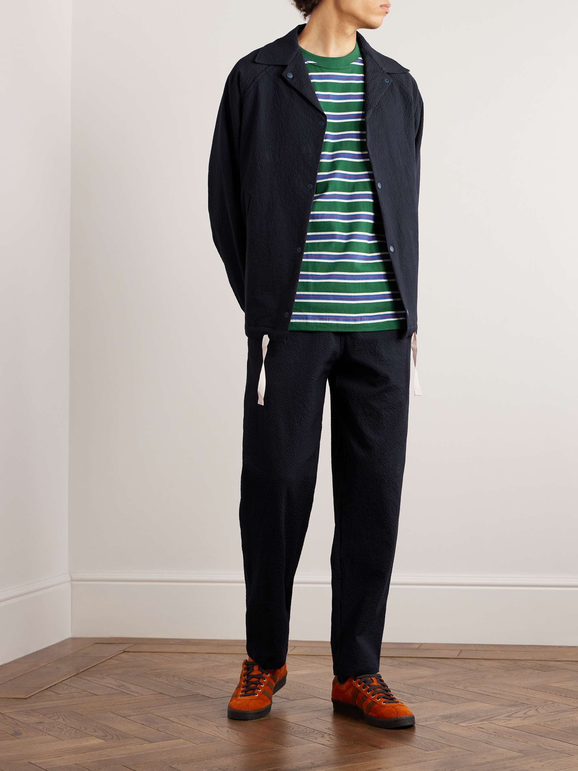 HOWLIN' Tropical Straight-Leg Stretch-Cotton Seersucker Drawstring Trousers