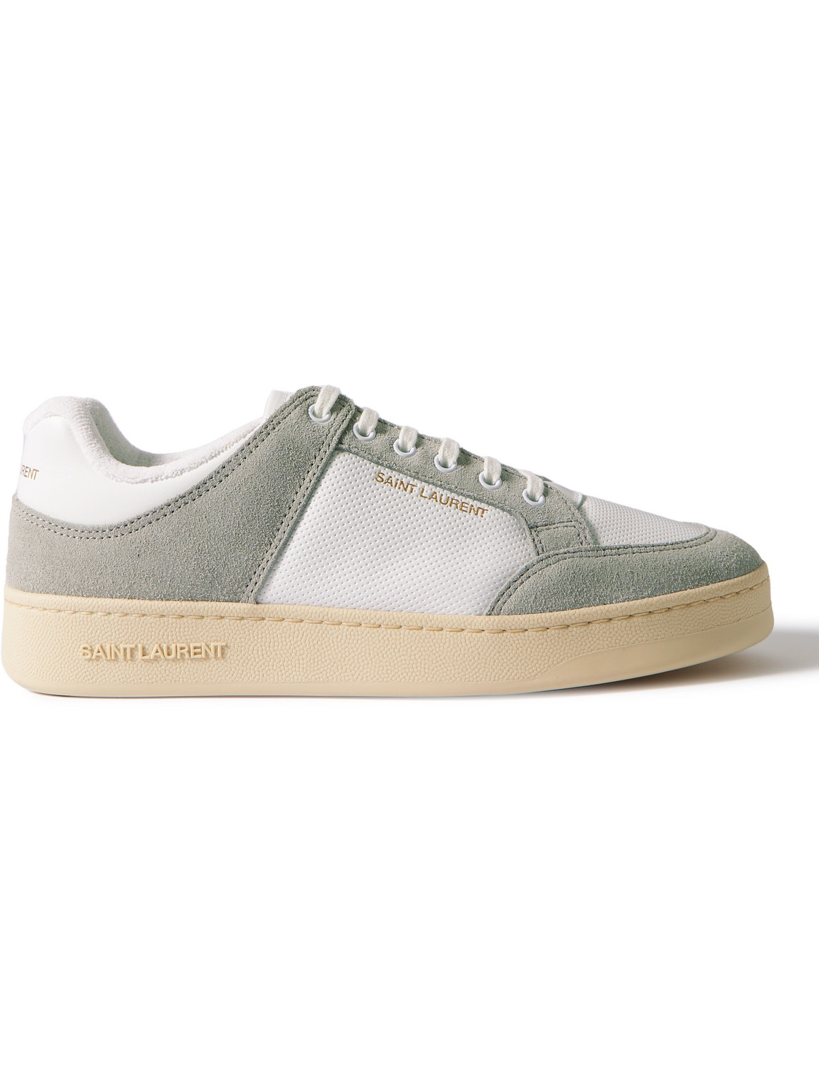 Shop Saint Laurent Sl/61 Perforated Leather And Suede Sneakers In Gray