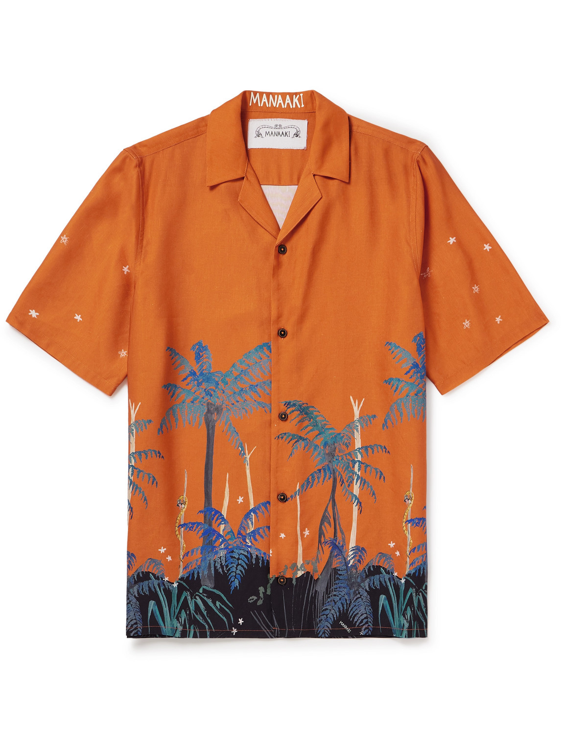Manaaki Mana Camp-collar Printed Lyocell And Linen-blend Shirt In Orange