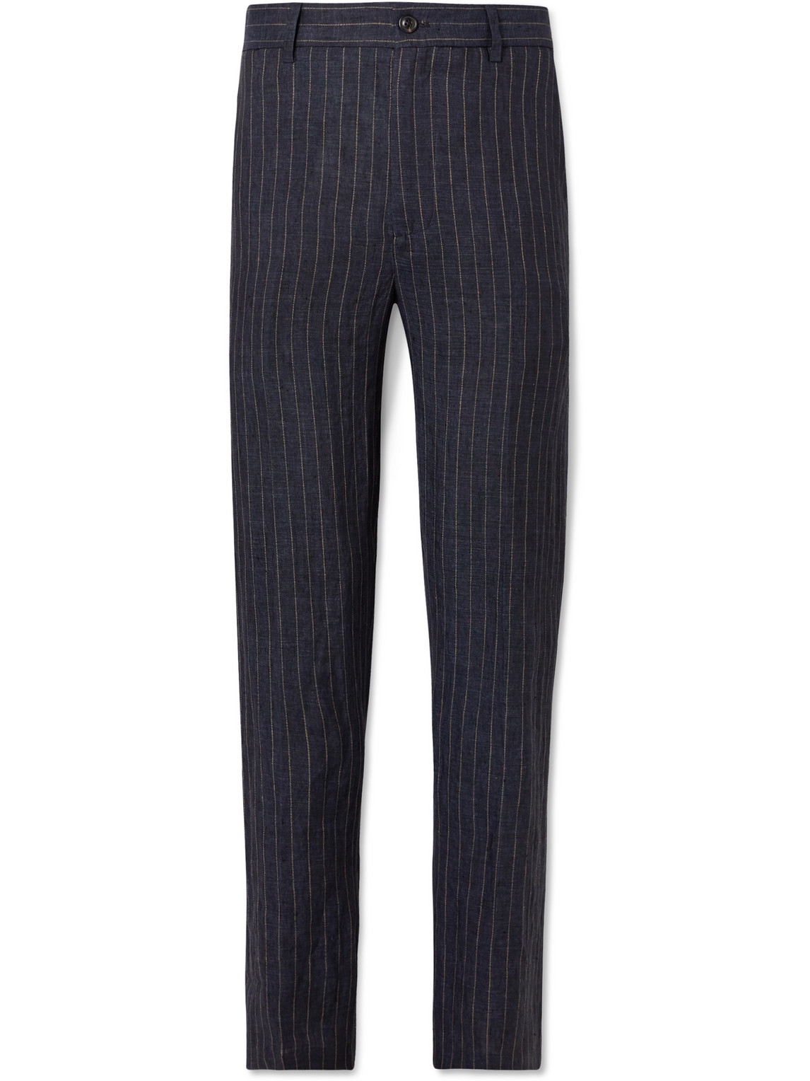 Miles Leon Straight-leg Pinstriped Slub Linen Trousers In Blue