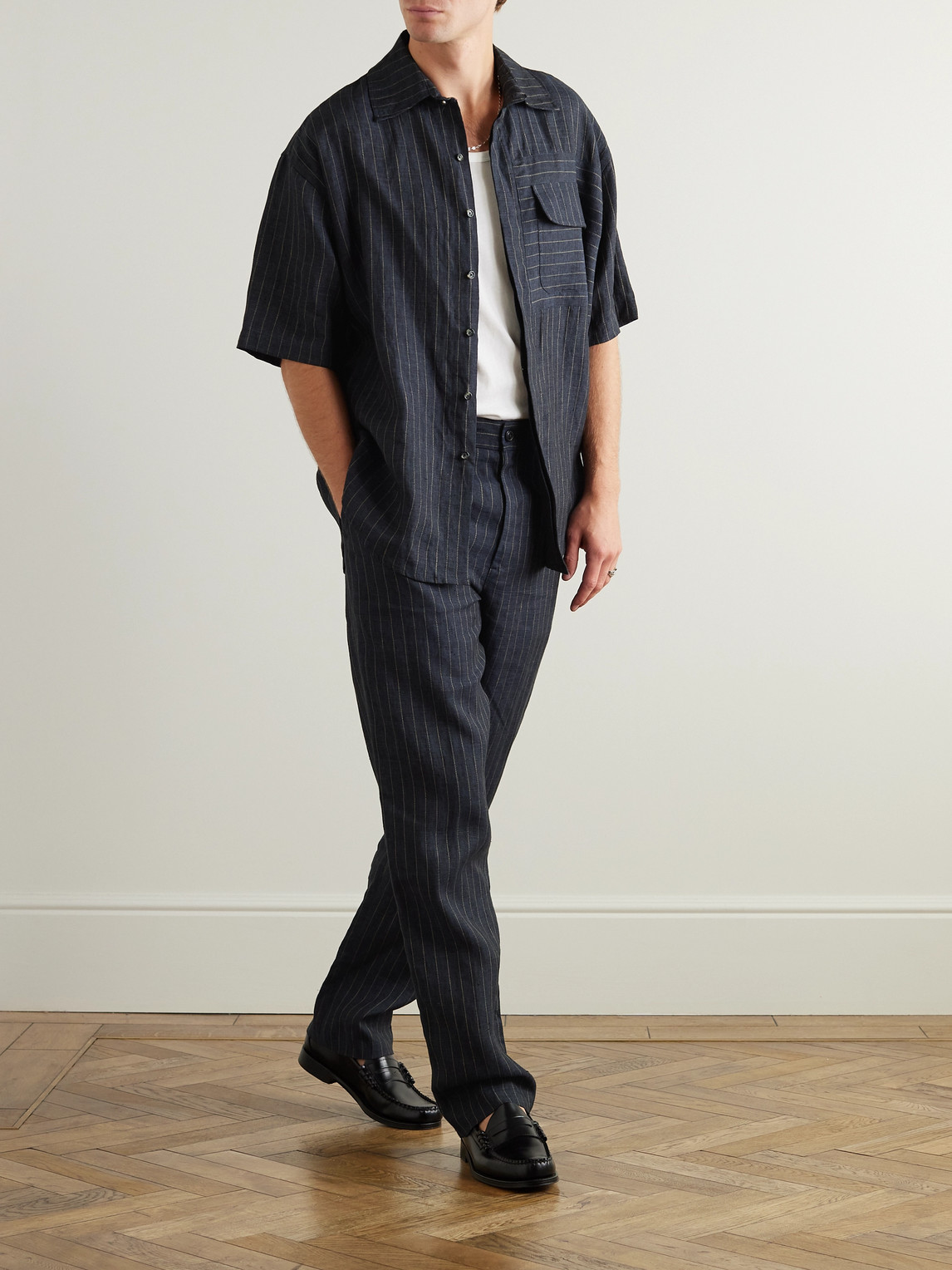 Miles Leon Zen Oversized Pinstriped Linen Shirt In Blue