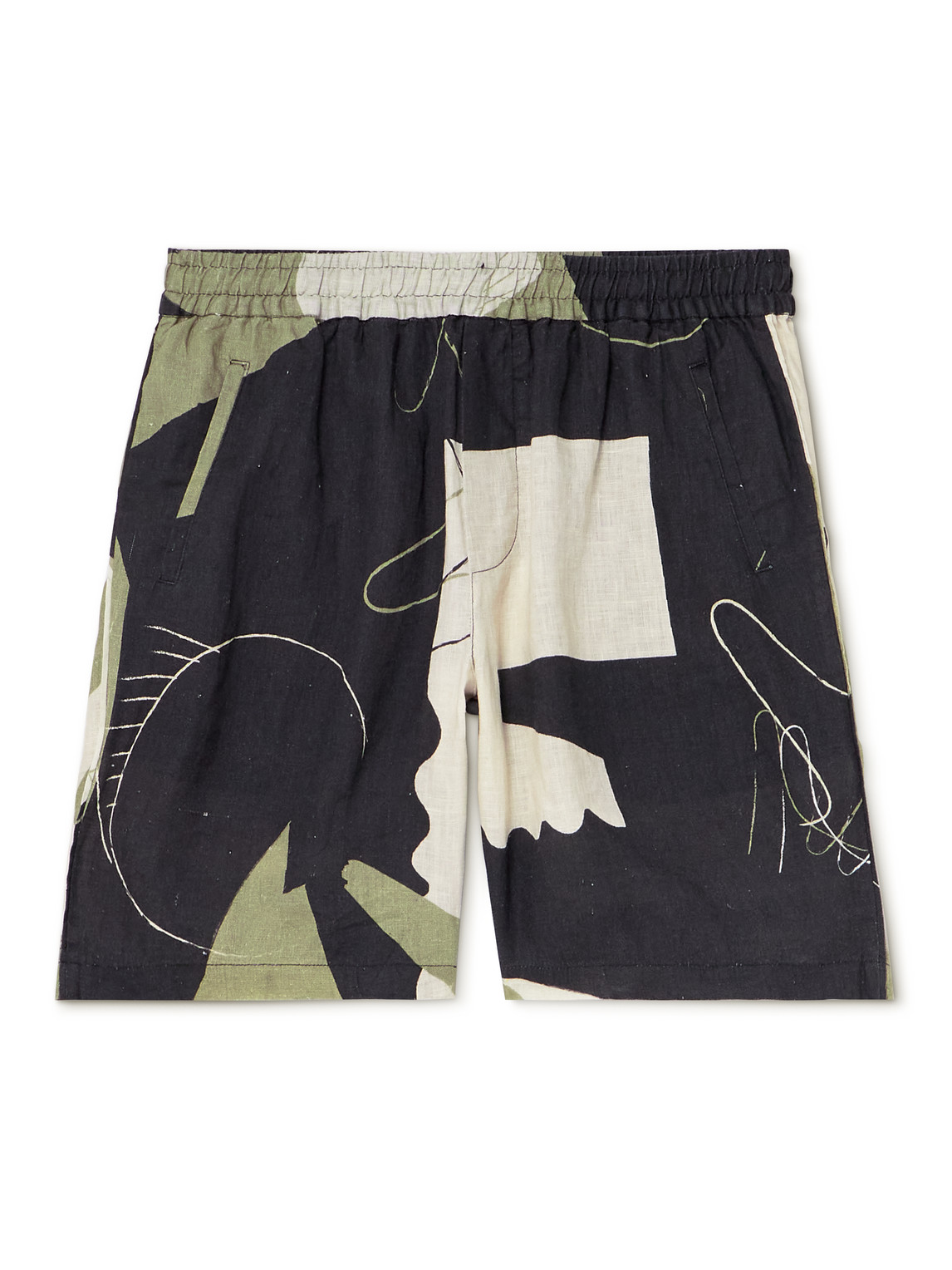 Folk Assembly Straight-leg Printed Linen Shorts In Black