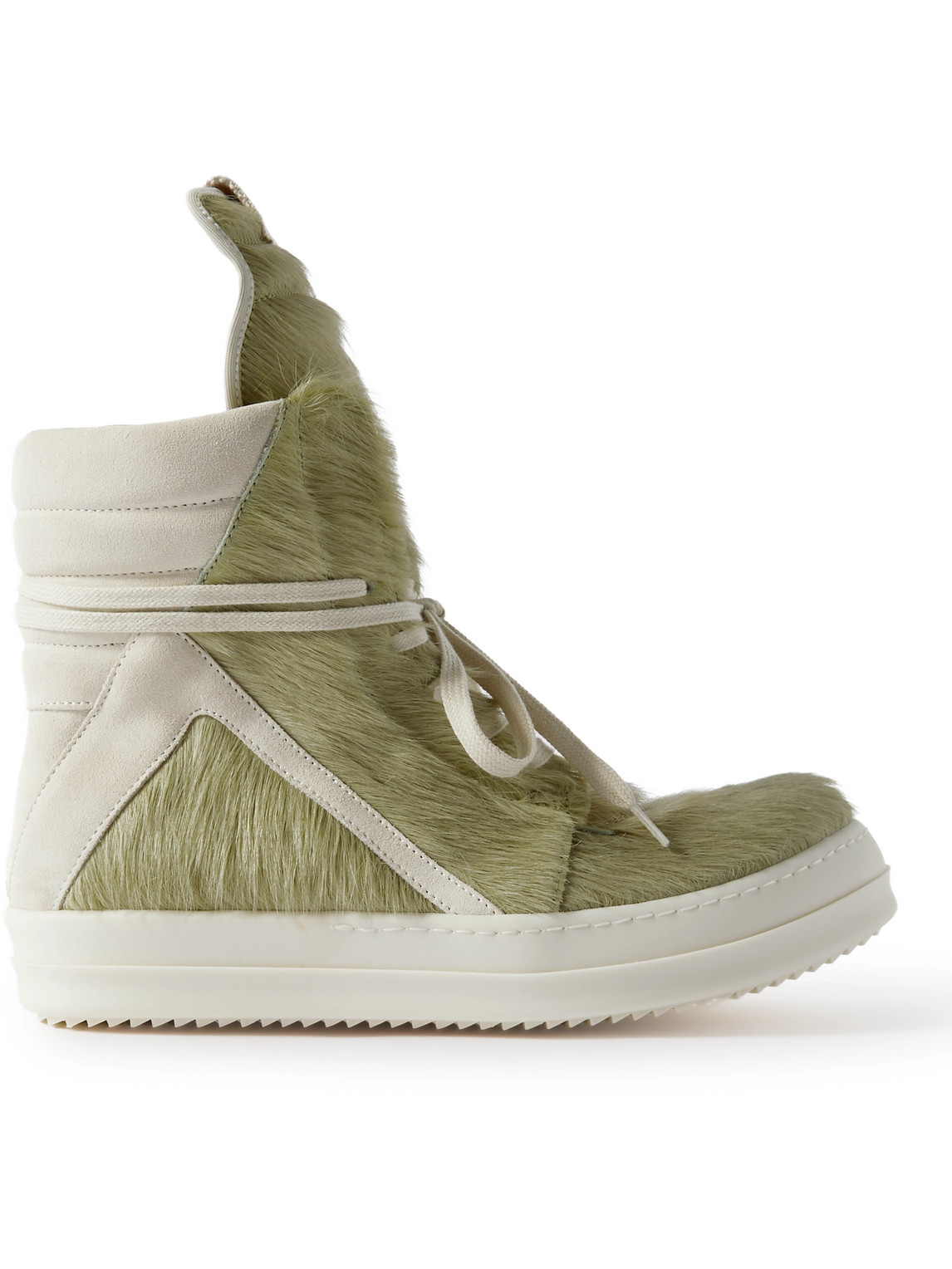 RICK OWENS GEOBASKET SUEDE-TRIMMED CALF HAIR HIGH-TOP SNEAKERS