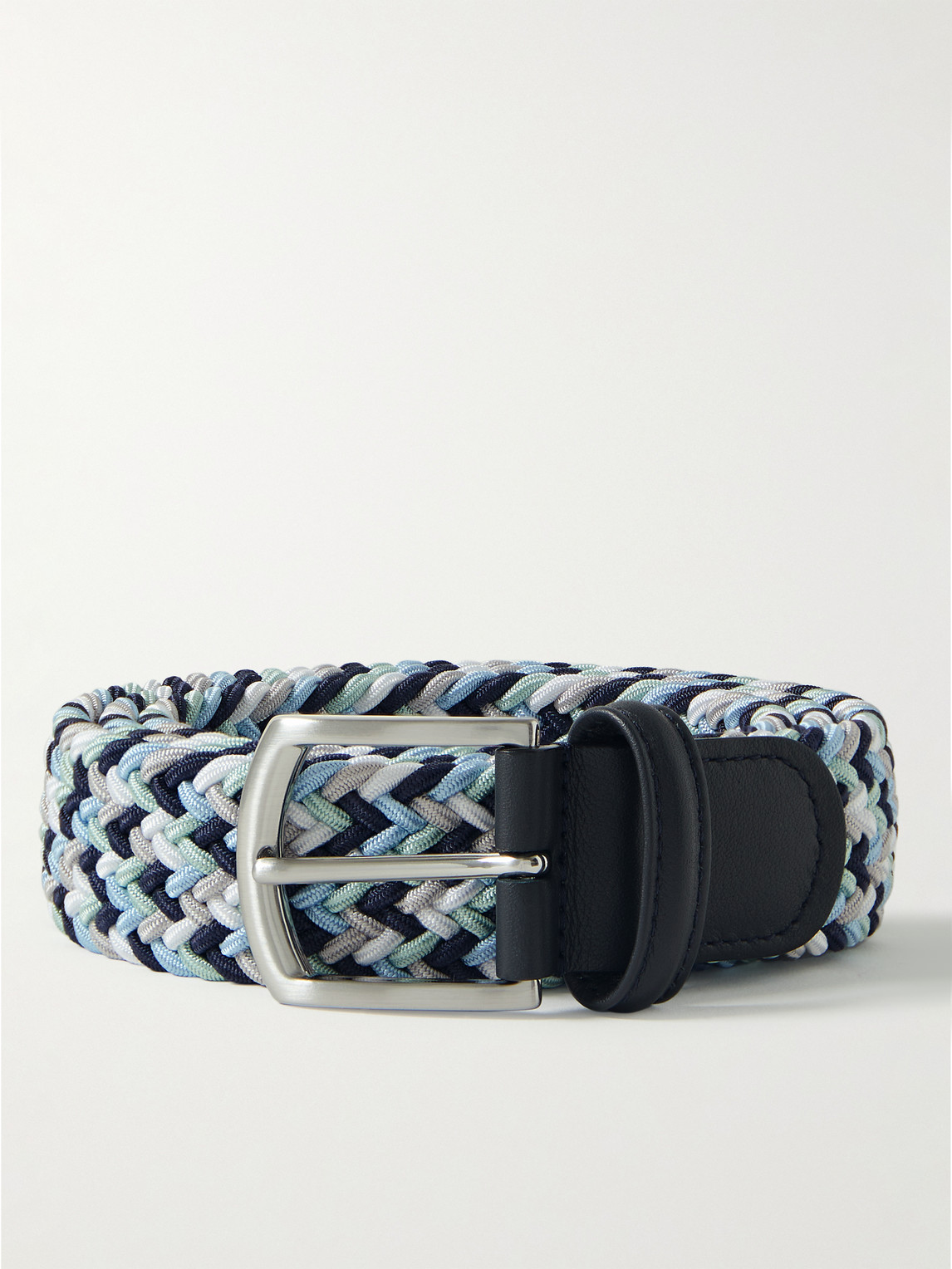 Anderson's 3.5cm Leather-trimmed Woven Elastic Belt In Blue
