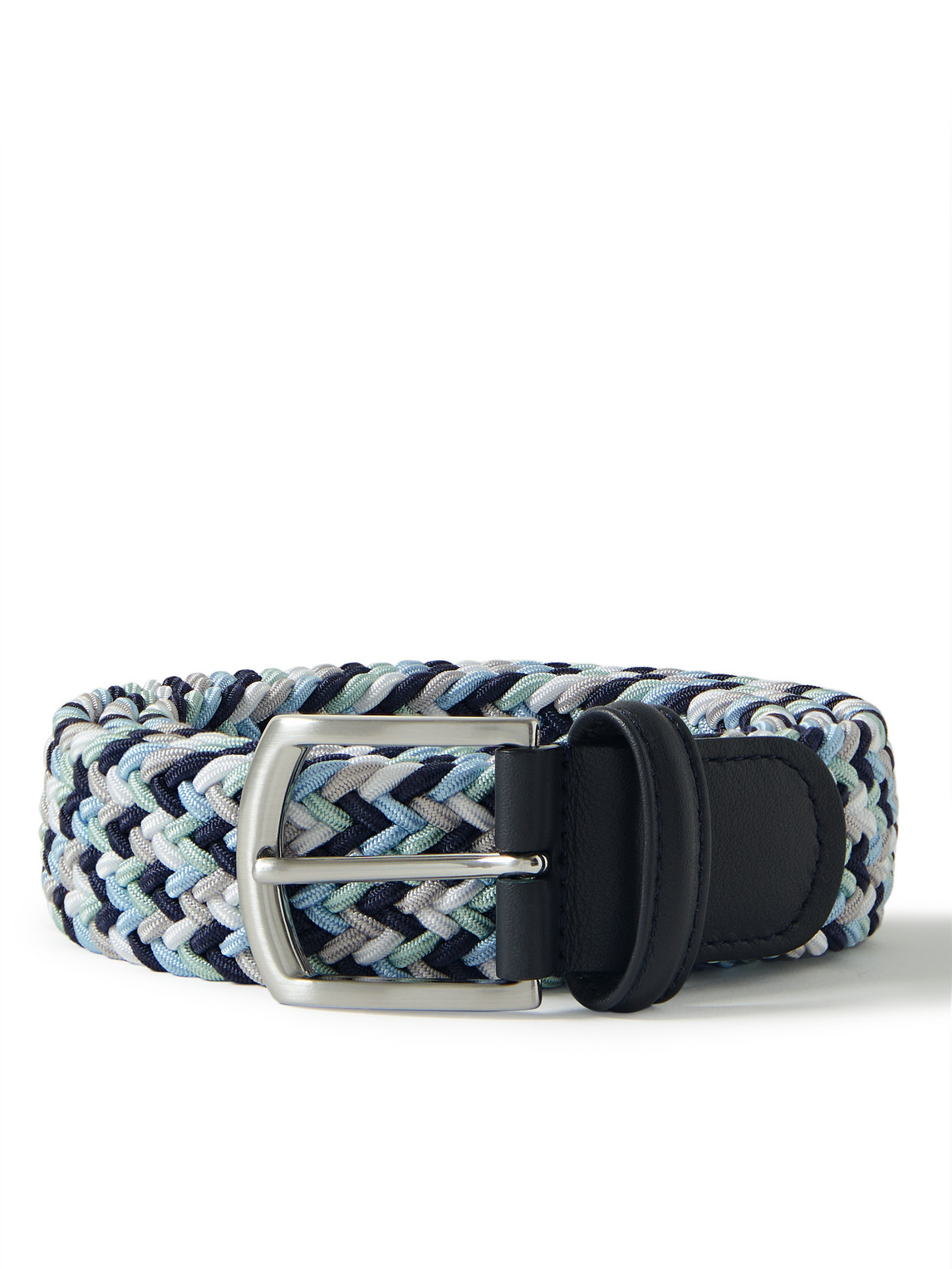 Anderson's 3.5cm Leather-trimmed Woven Elastic Belt In Blue