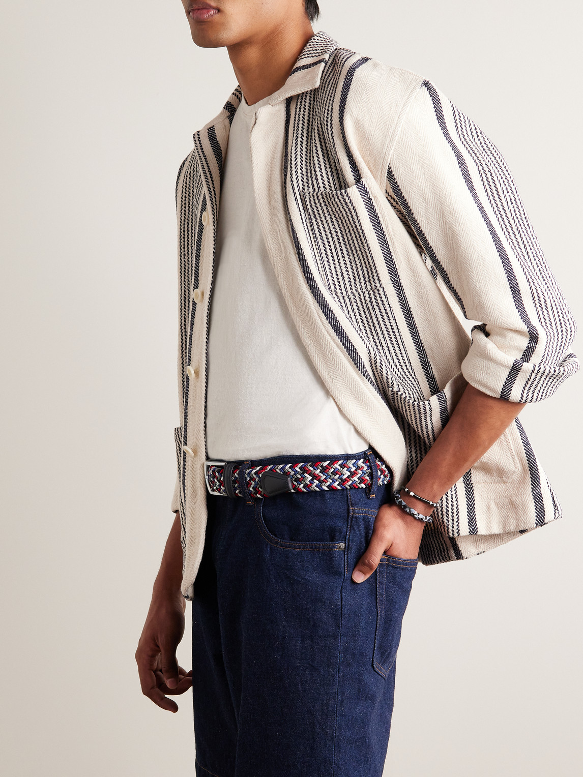 Anderson's 3.5cm Leather-trimmed Woven Elastic Belt In Blue